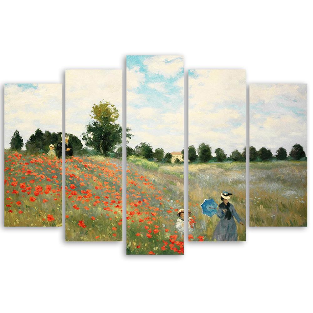 5 stykke lærredsprint, Field Of Poppies Claude Monet