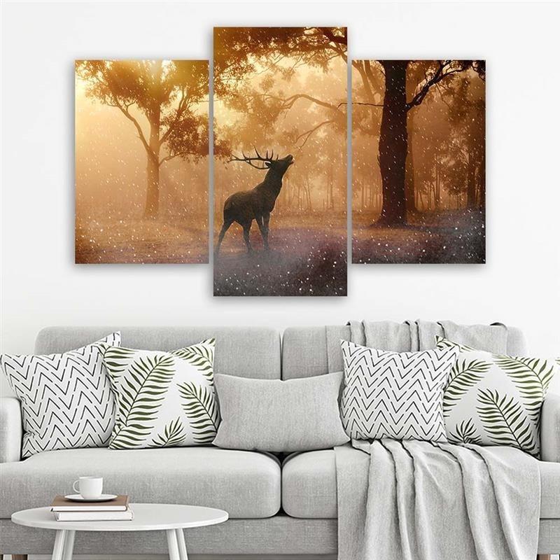 3-delige canvas print, herten bos zonsopgang natuur