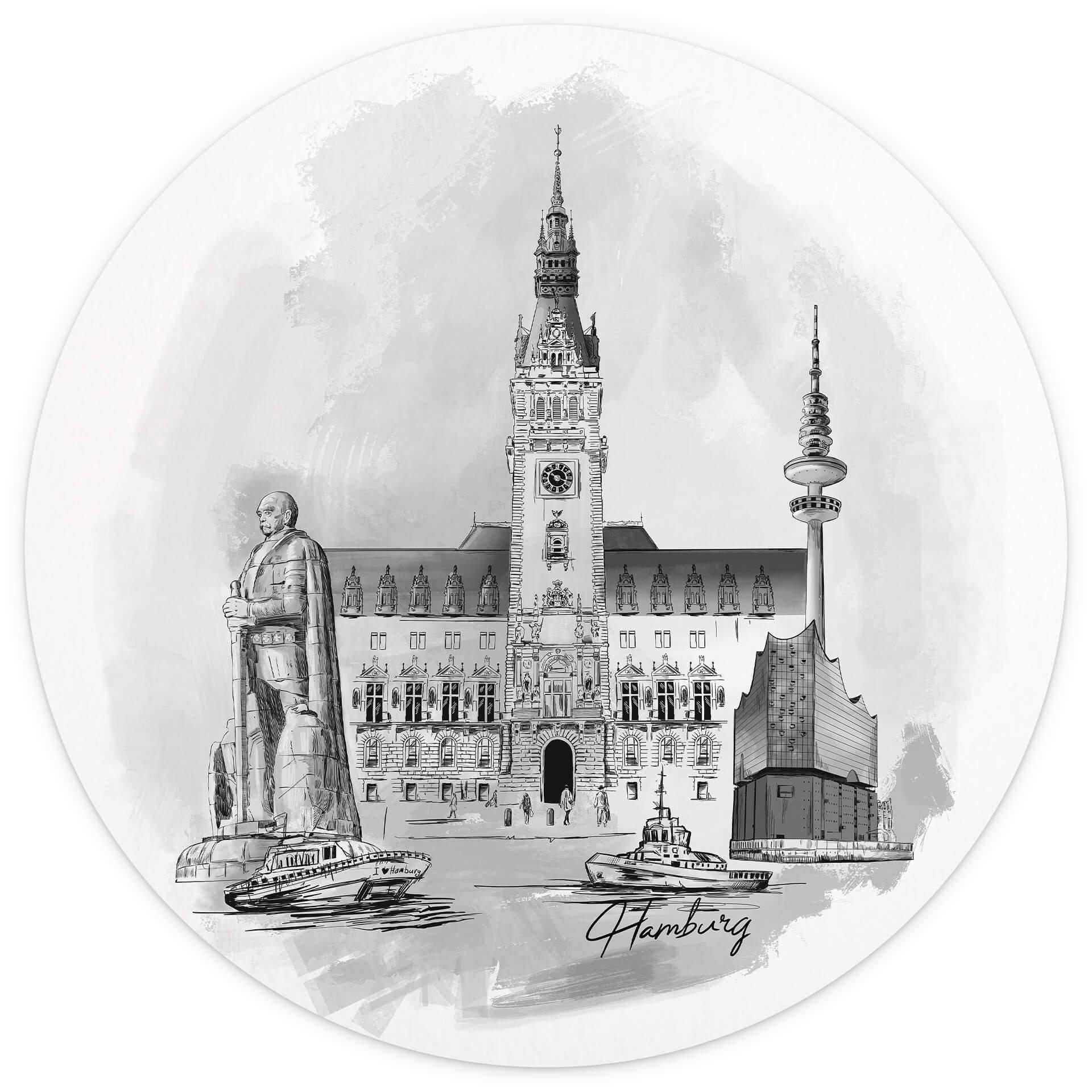 Behangcirkel Love your City Hamburg zwart wit illustratie - vliesbehang/zelfklevend vliesbehang