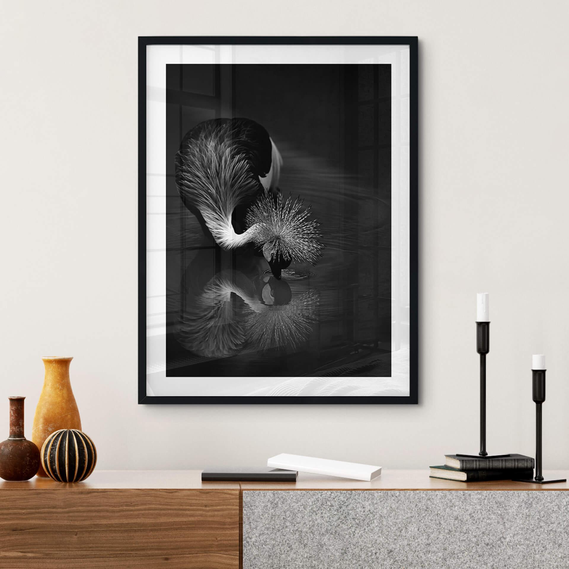 Póster Tjandra - Reflejo de pájaro - blanco y negro
