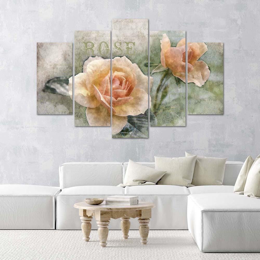 5 stykke lærredstryk, te rose blomster
