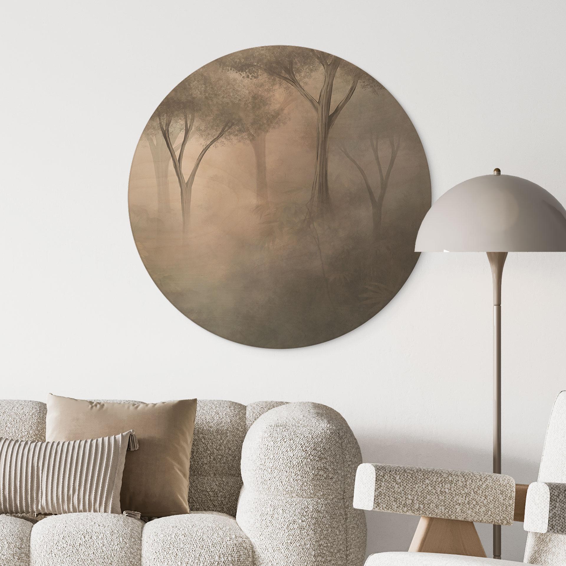 Holzbild Waldmagie im Morgennebel Beige - Ms Tiff - Rund