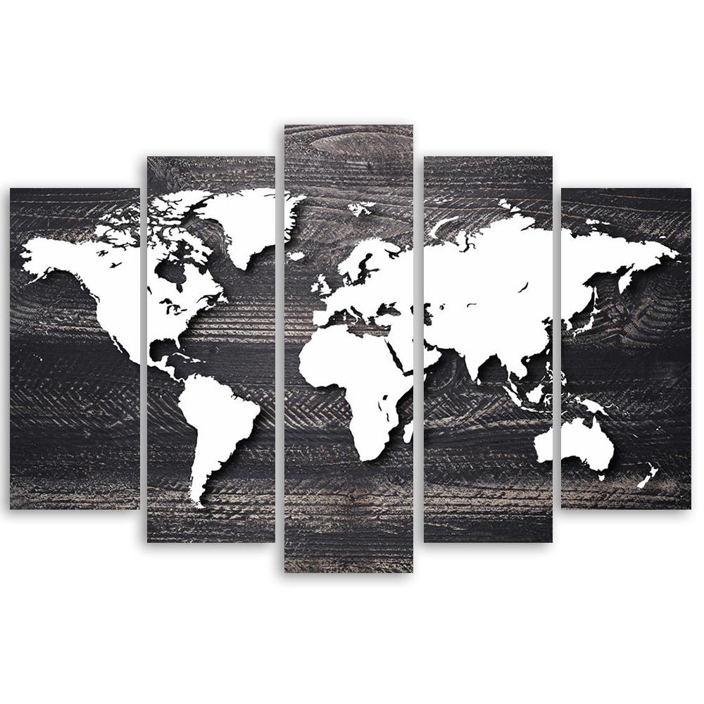 5-delige canvas print wereldkaart vintage grijs