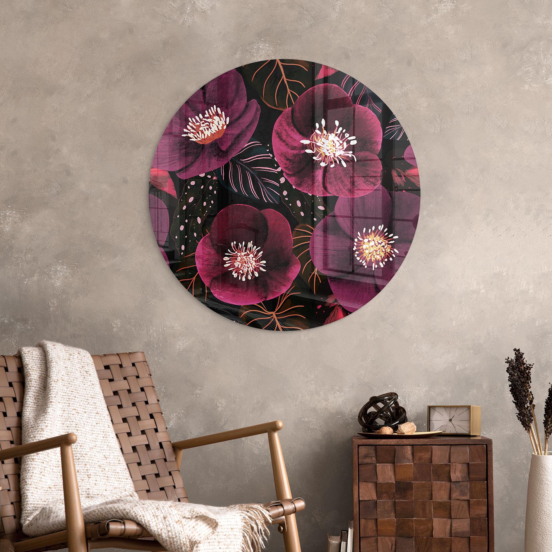 Glasbillede - Blomsterpragt i lilla toner - Anis illustration - Rund