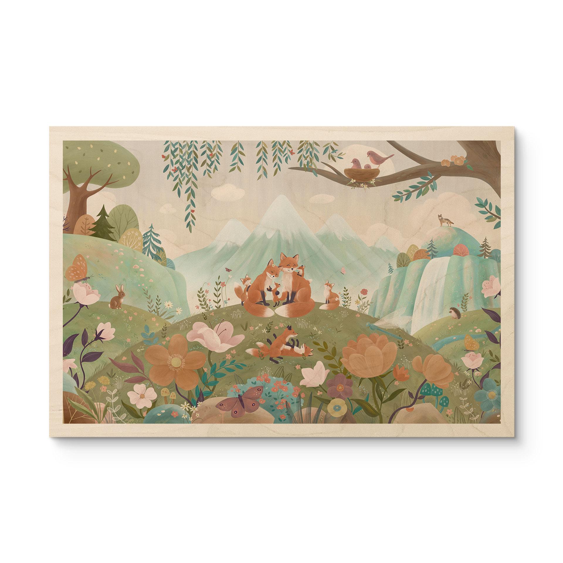 Houten Wanddecoratie Vossenfamilie op de Bloemenweide - Oliver Robins