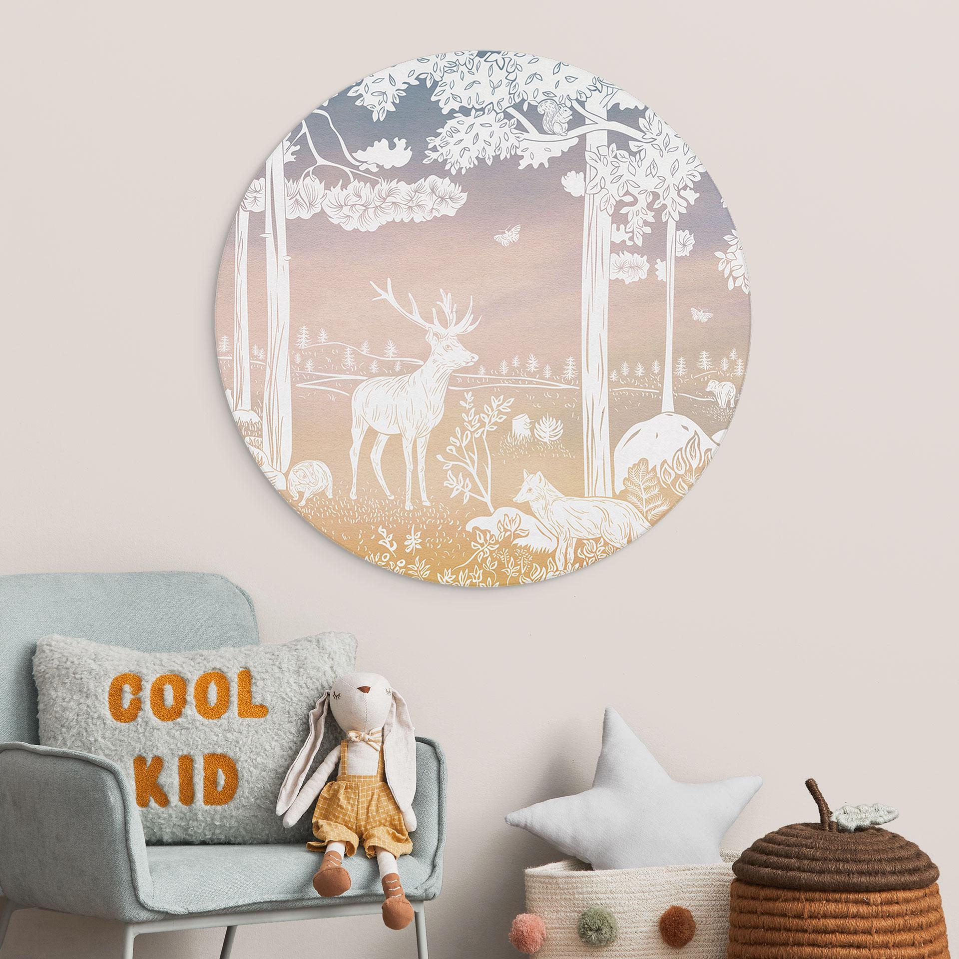 Rundes Wandbild Friedlicher Wald mit Hirschen und Füchsen - Ombre - Kikki Belle - Alu-Dibond
