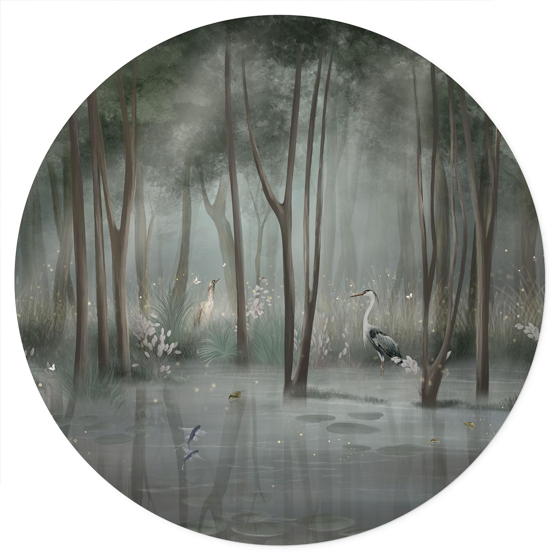 Wandtattoo Nebelwald am See mit Reiher in Grün - Ms Tiff - Rund