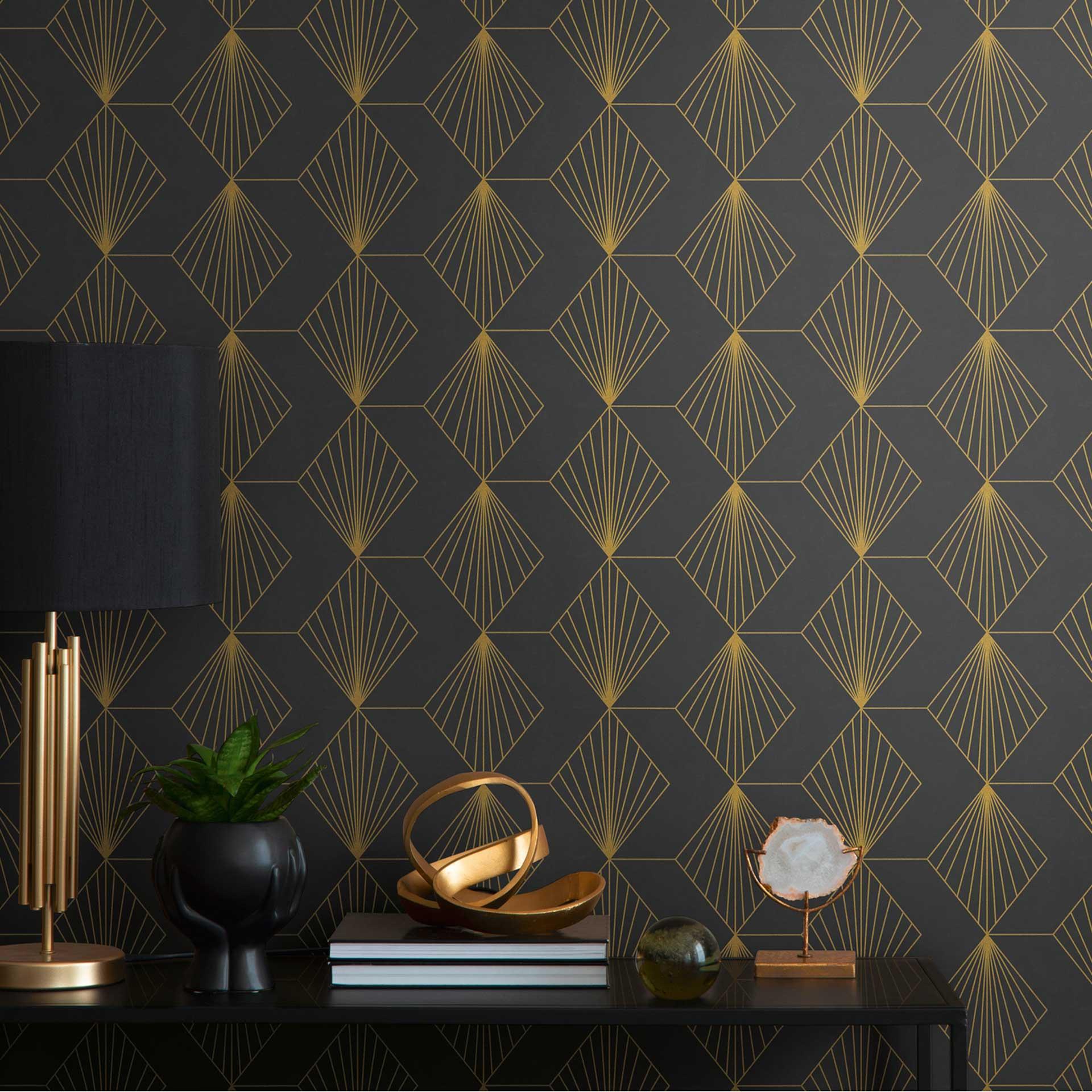 Geometrisk Art Deco tapet sort guld - moderne tapet med mønster - Ikke-vævet tapet