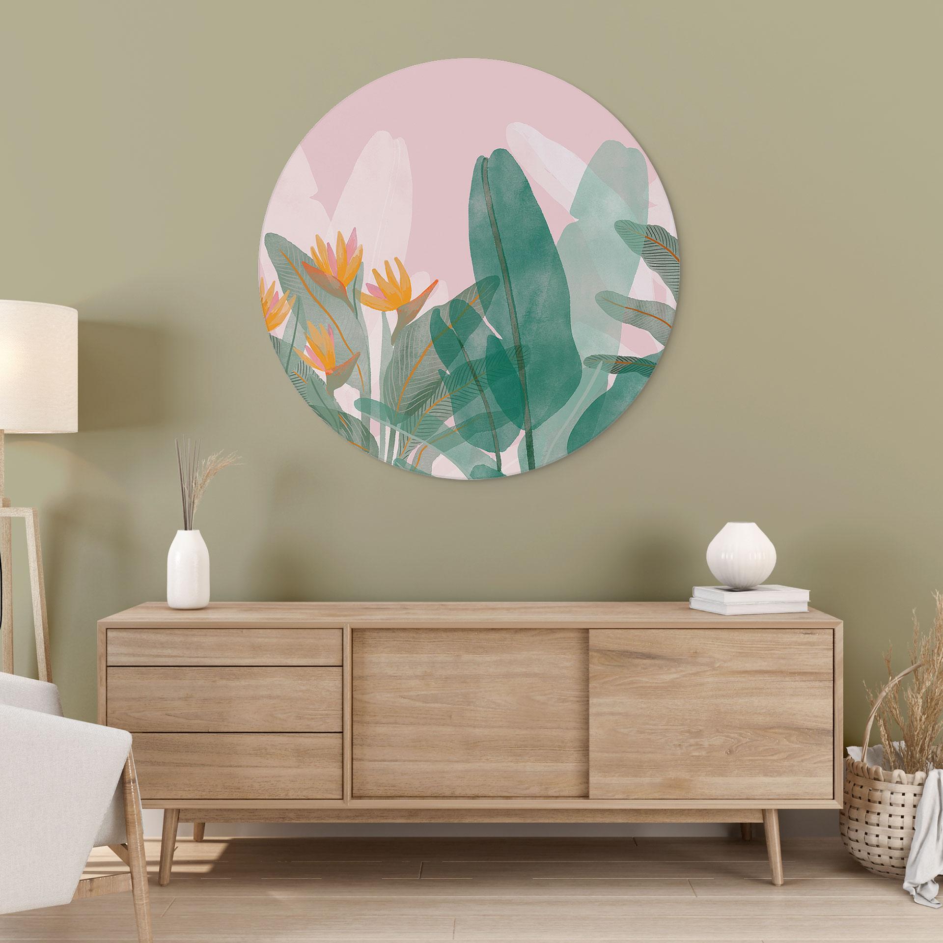 Billede Botanisk illustration i grøn og pink - Goed Blauw - rund – print på aluminium (Alu-Dibond)