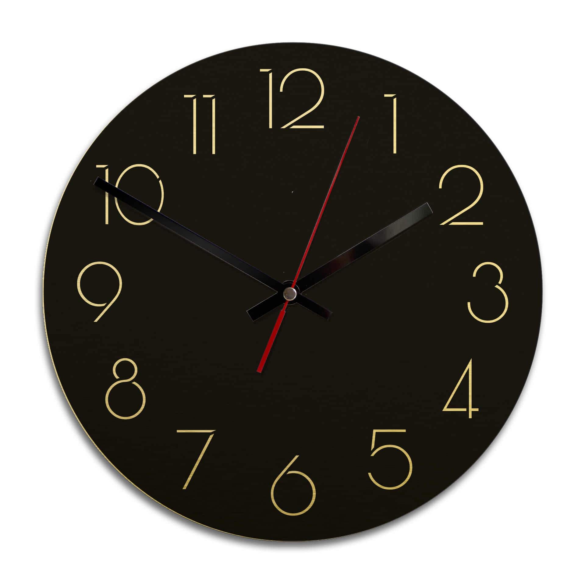 Wanduhr Alu Dibond Goldeffekt - Modern nur mit Zahlen negativ - Ø 28 cm