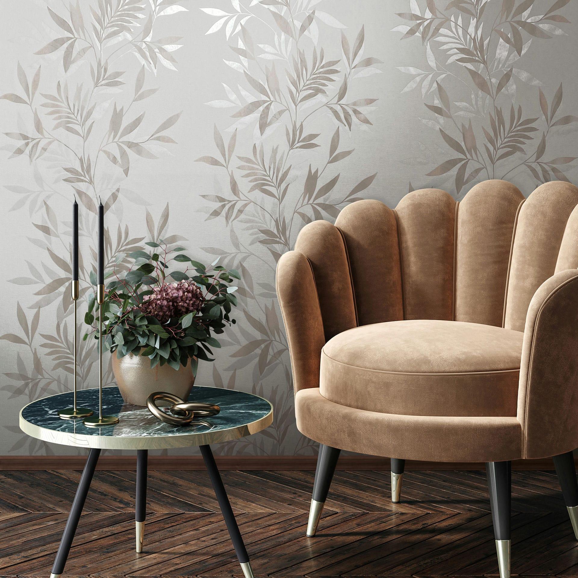 Non-woven tapet i hvid, beige bladmotiv bladlook blomstret natur