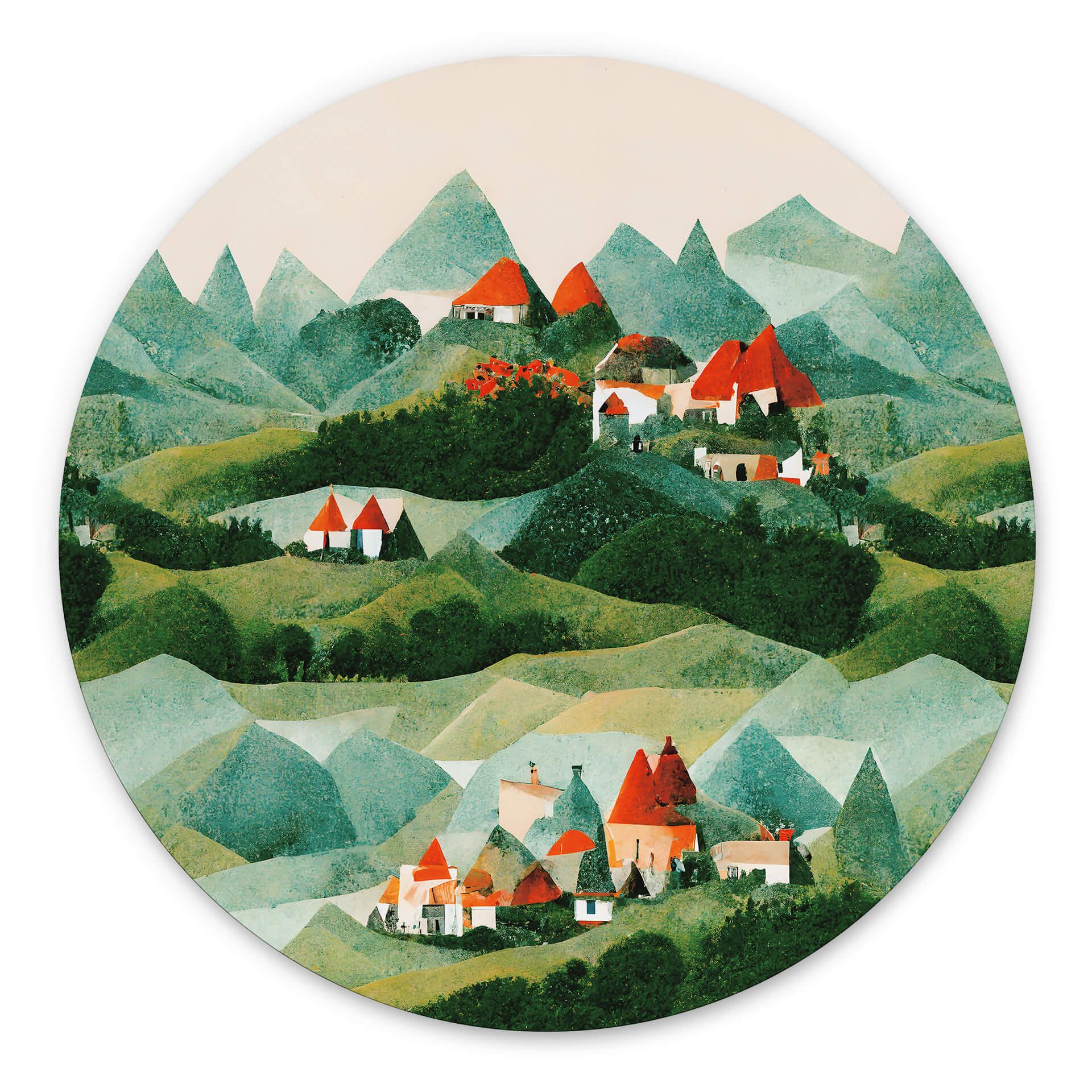 Vægcirkel Treechild - Small village in the middle of green hills – print på aluminium (Alu-Dibond)