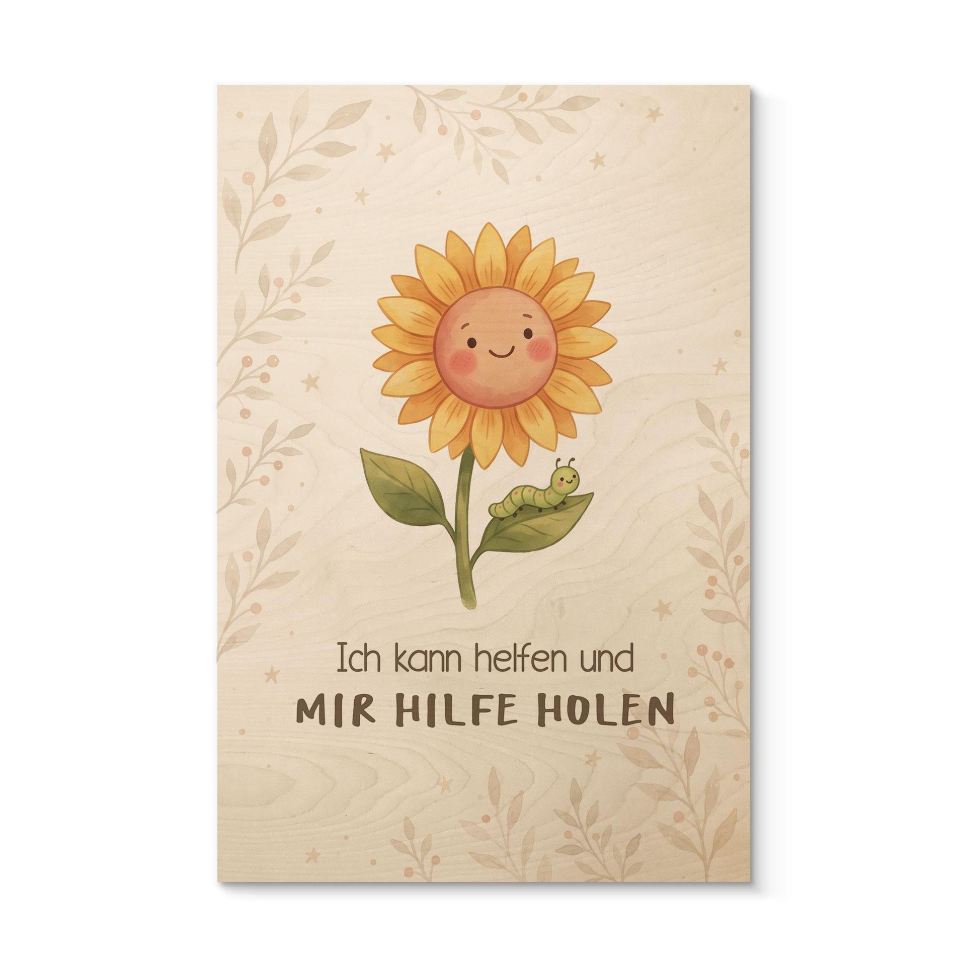 Holzbild mit Sonnenblume - Glaubenssatz 'Ich kann helfen' fürs Kinderzimmer
