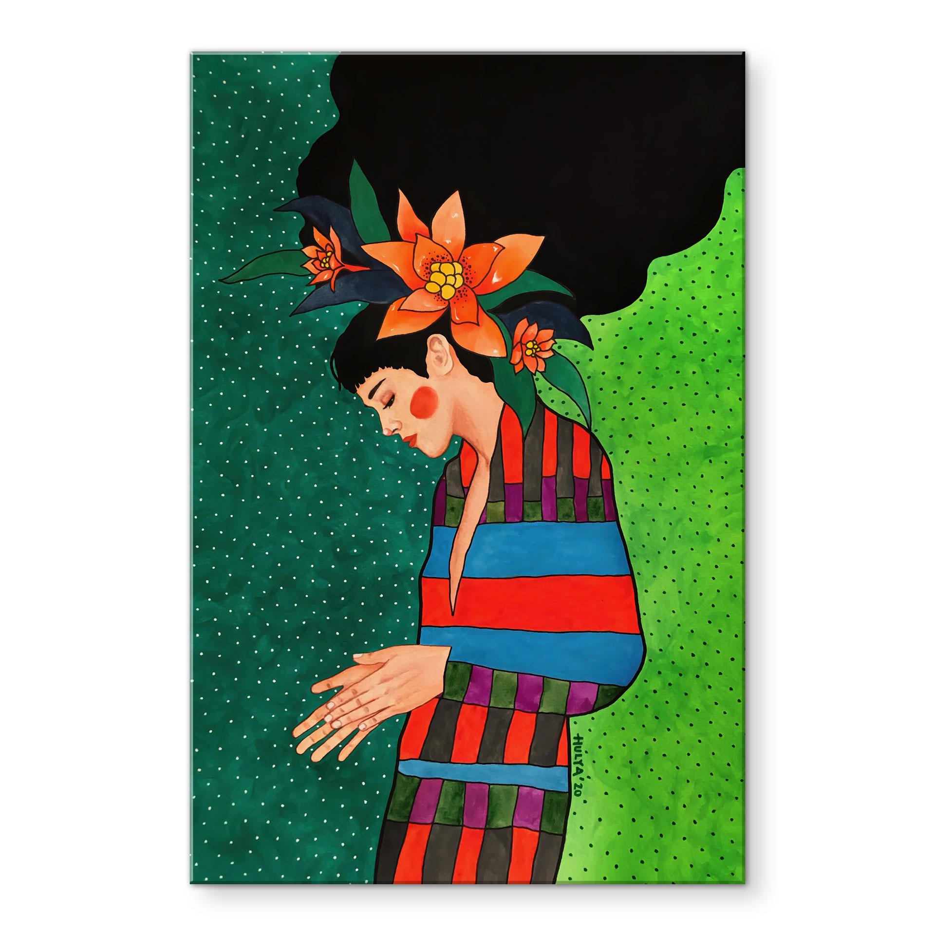 Acrylglas afbeelding Vrouw in gestreepte jurk met oranje bloemen - Hülya
