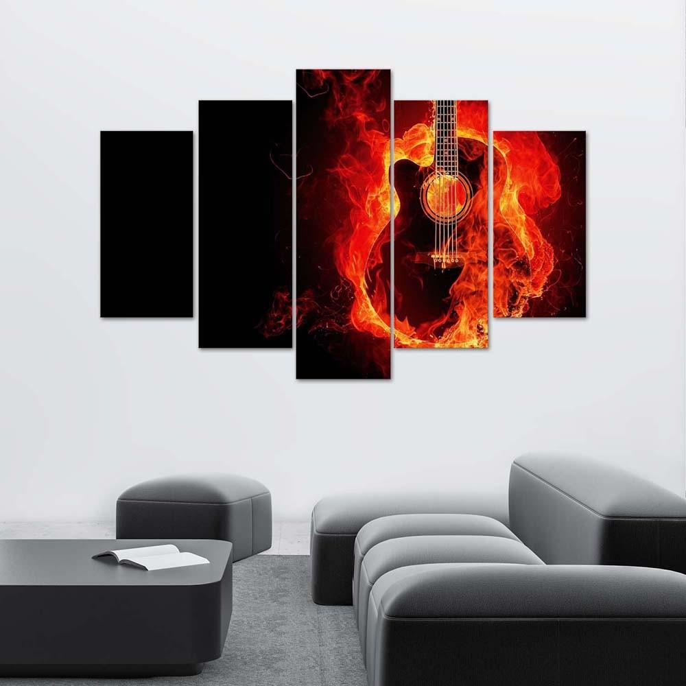 5 stykke lærredstryk Guitar Music Fire