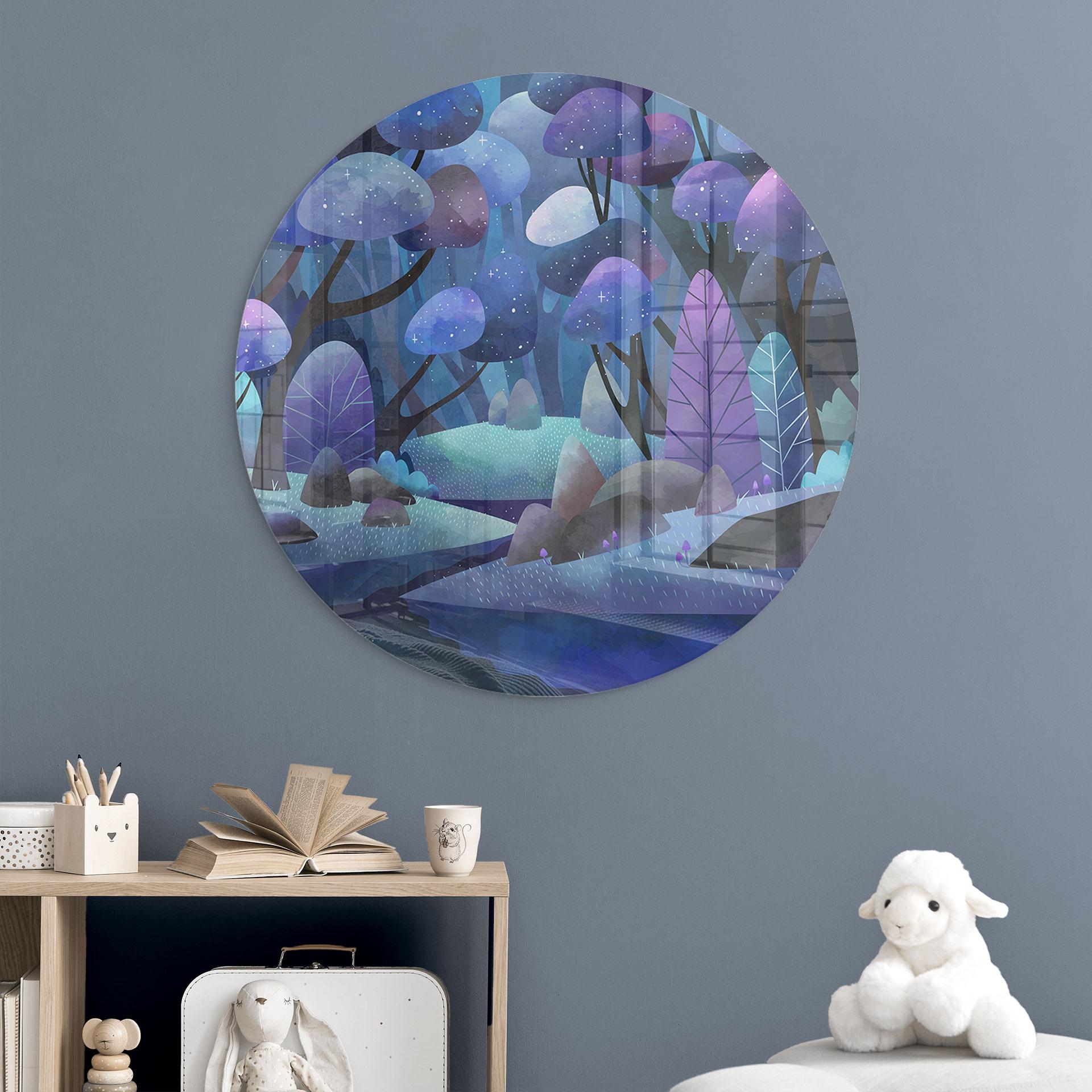 Glasbillede - Fortryllet skov i midnatsblå - DigitalArtsi - Round