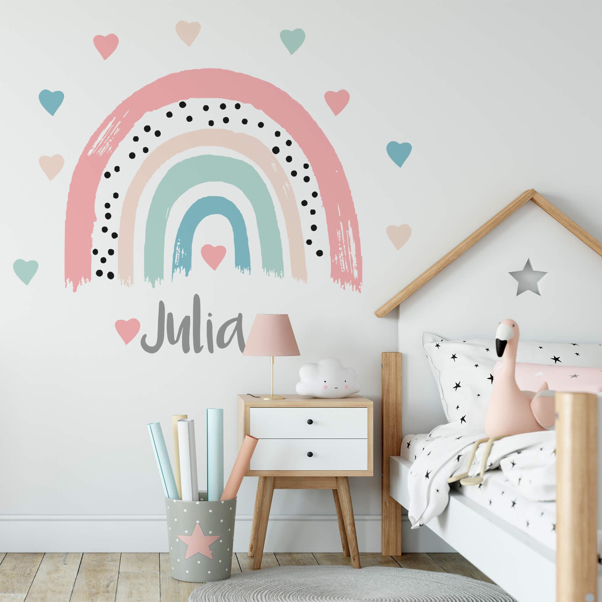 Muursticker Regenboog Pastel met Hartjes