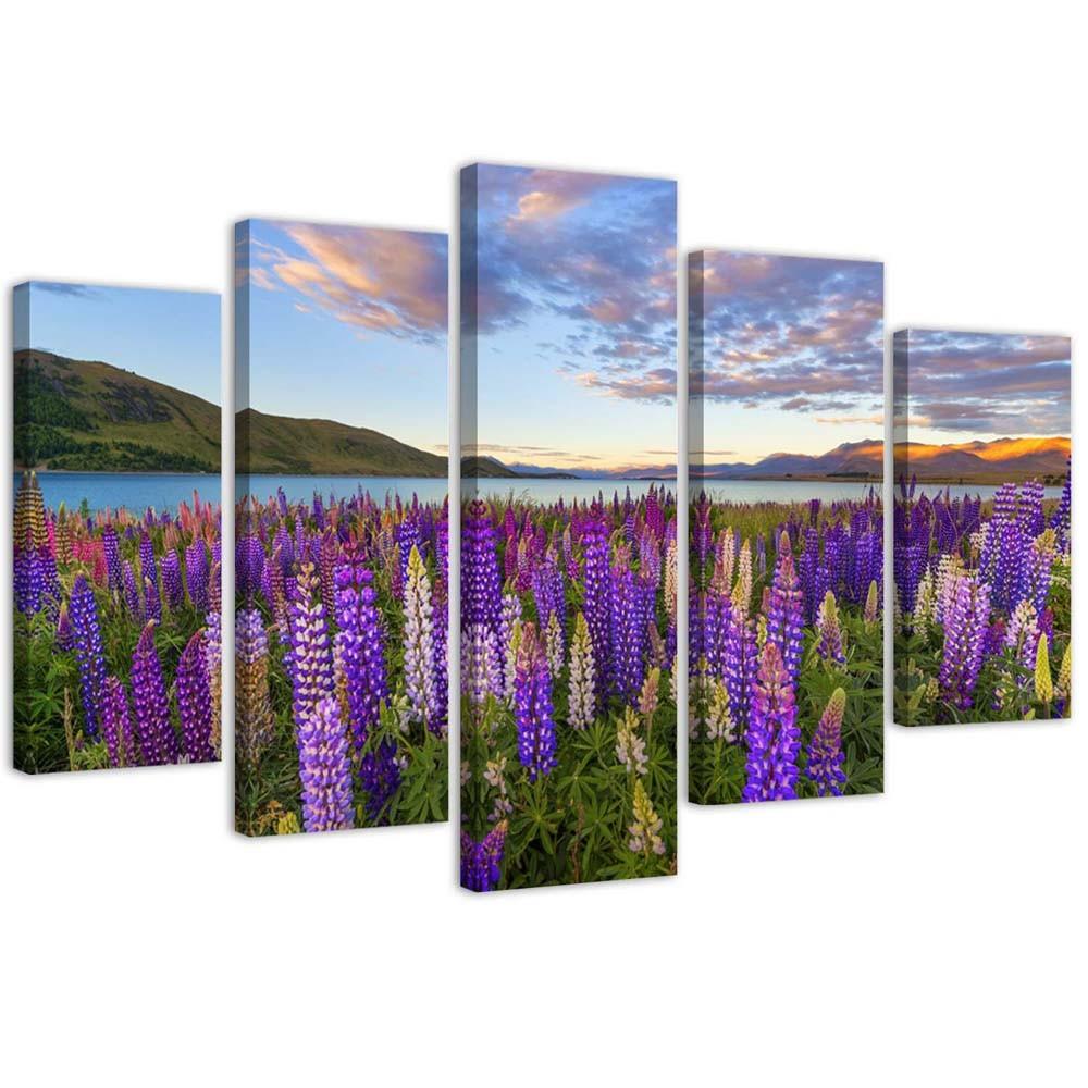 5 stykke lærredstryk Lavendel søblomster