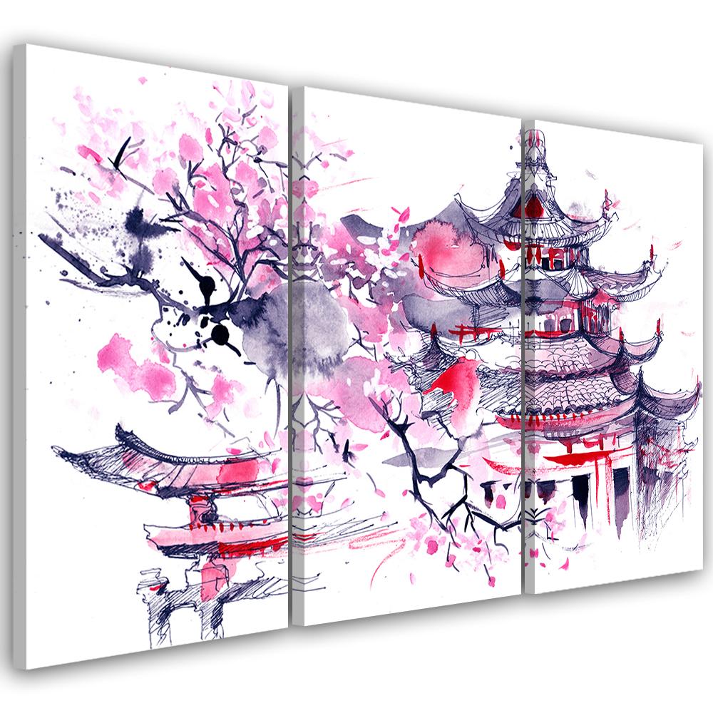 3 stykke lærredstryk, Pagoda Cherry Tree Japan Painted