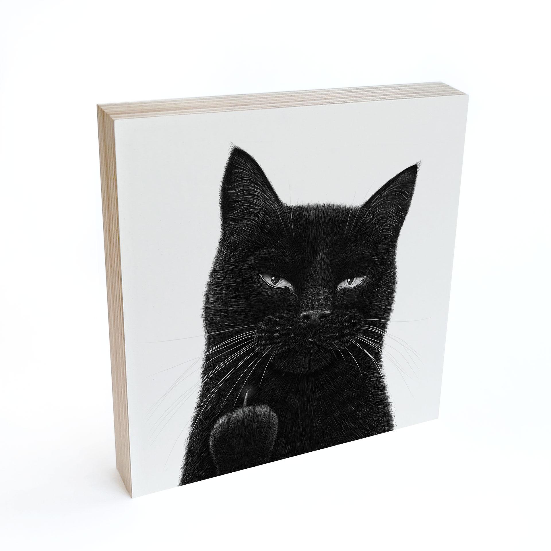 Tableau sur bois à poser - Chat noir effronté - Korenkova - 15x15 cm