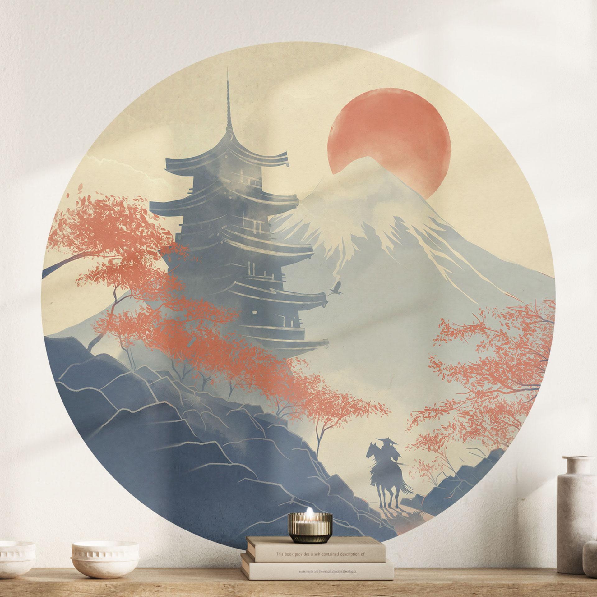 Wallsticker Solopgang over pagoden - Roze - Rund