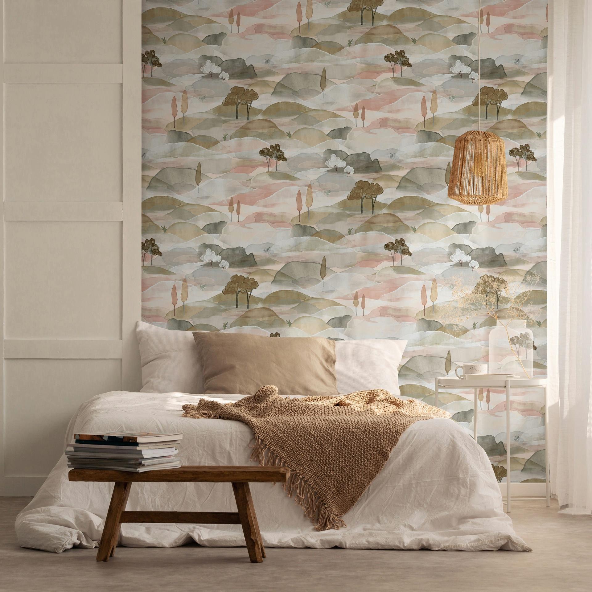 Vliesbehang landschap grafisch natuur mat in groen blauw rood