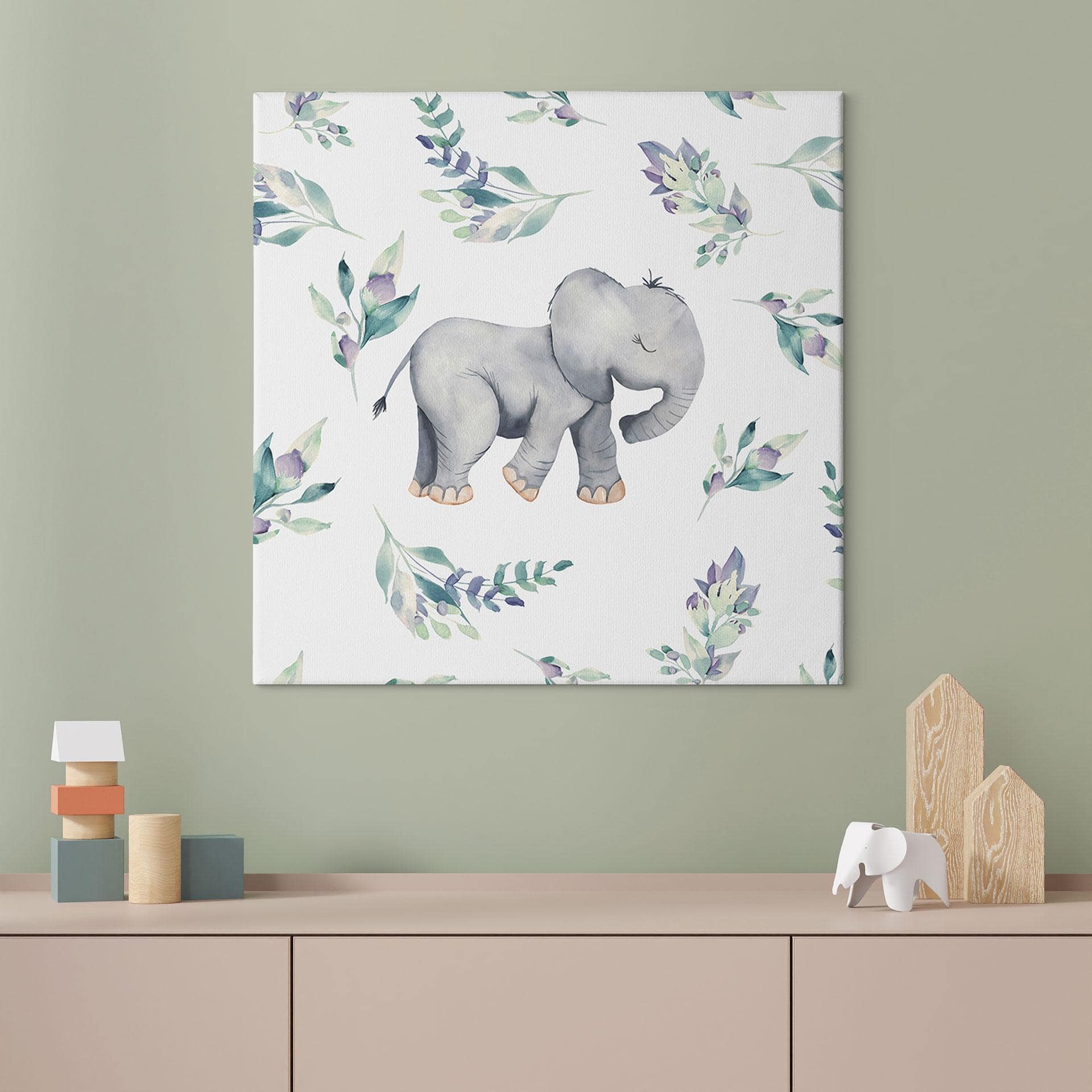 Lærredsprint - Sød babyelefant mellem boho-grene - UN Designs
