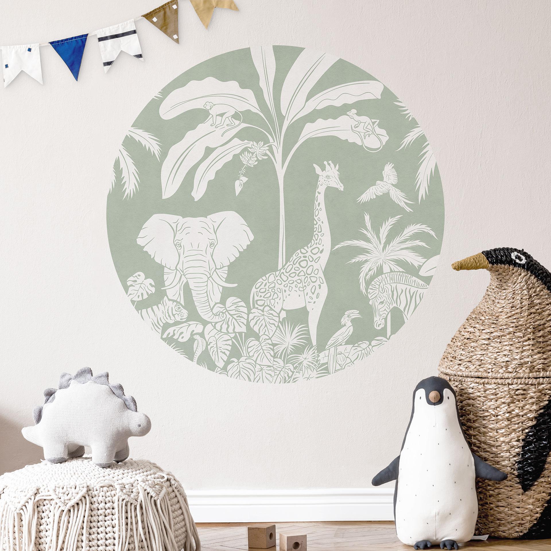 Wallsticker med jungledyr i tropisk grøn - Kikki Belle - Rund