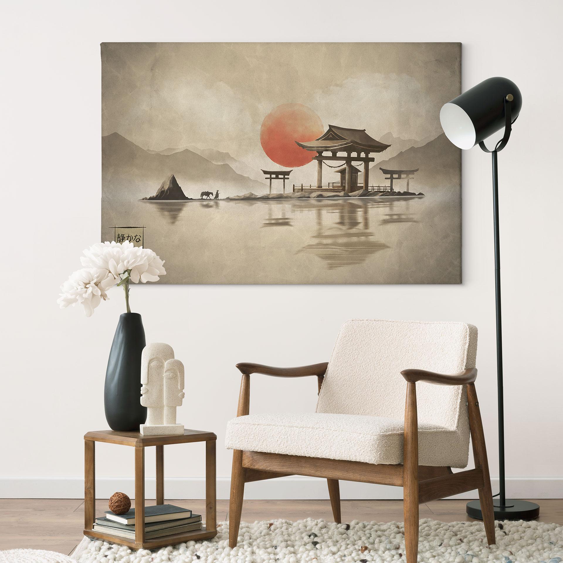 Canvasbillede Japansk tempel ved solopgang - Roze