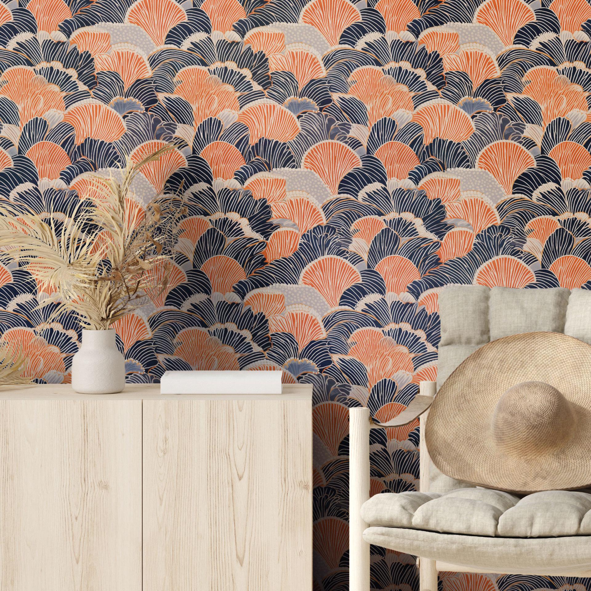 Patroonbehang schelpenpatroon in oranje-blauw - Treechild