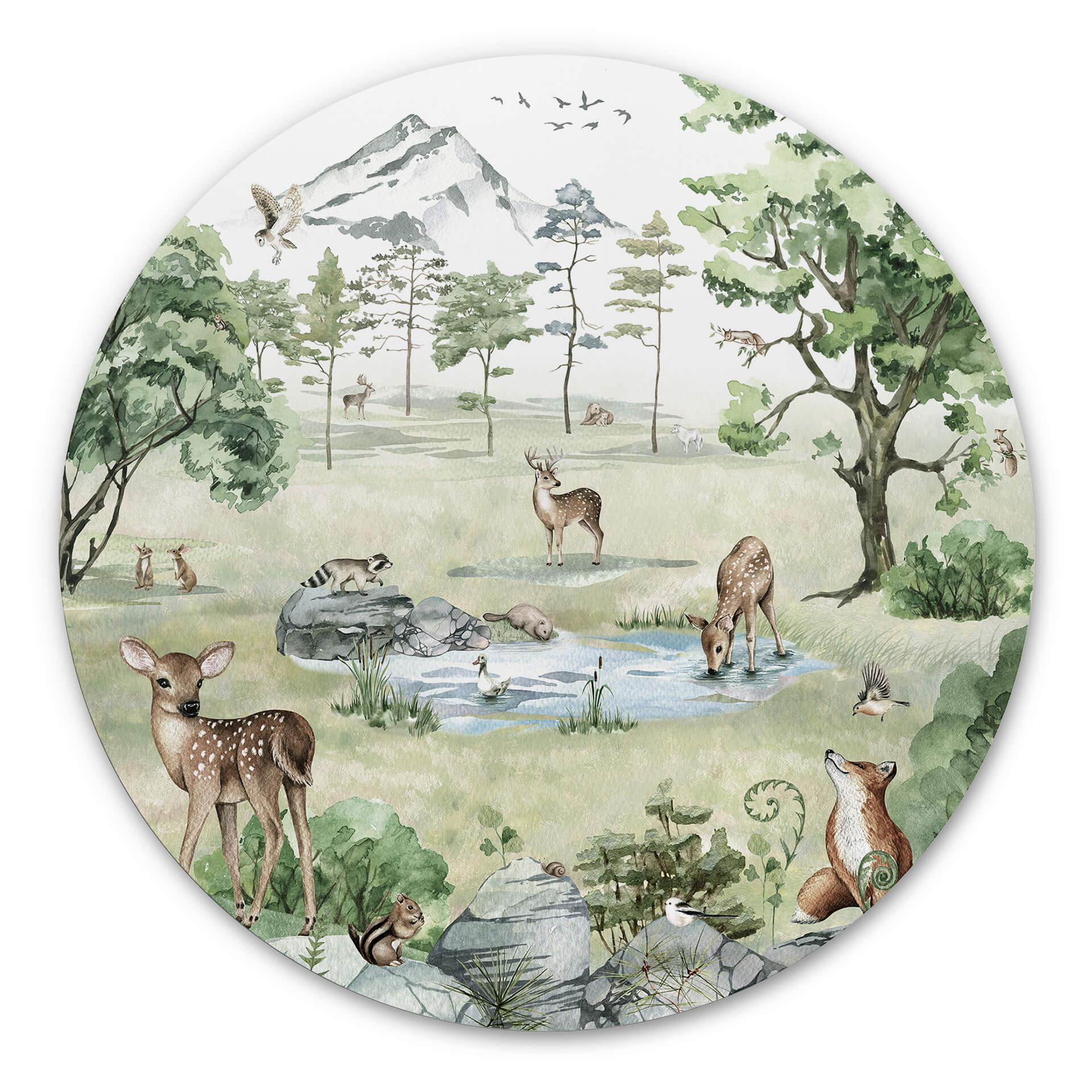Tableau sur alu-Dibond rond Kikki Belle - Forêt de cerfs