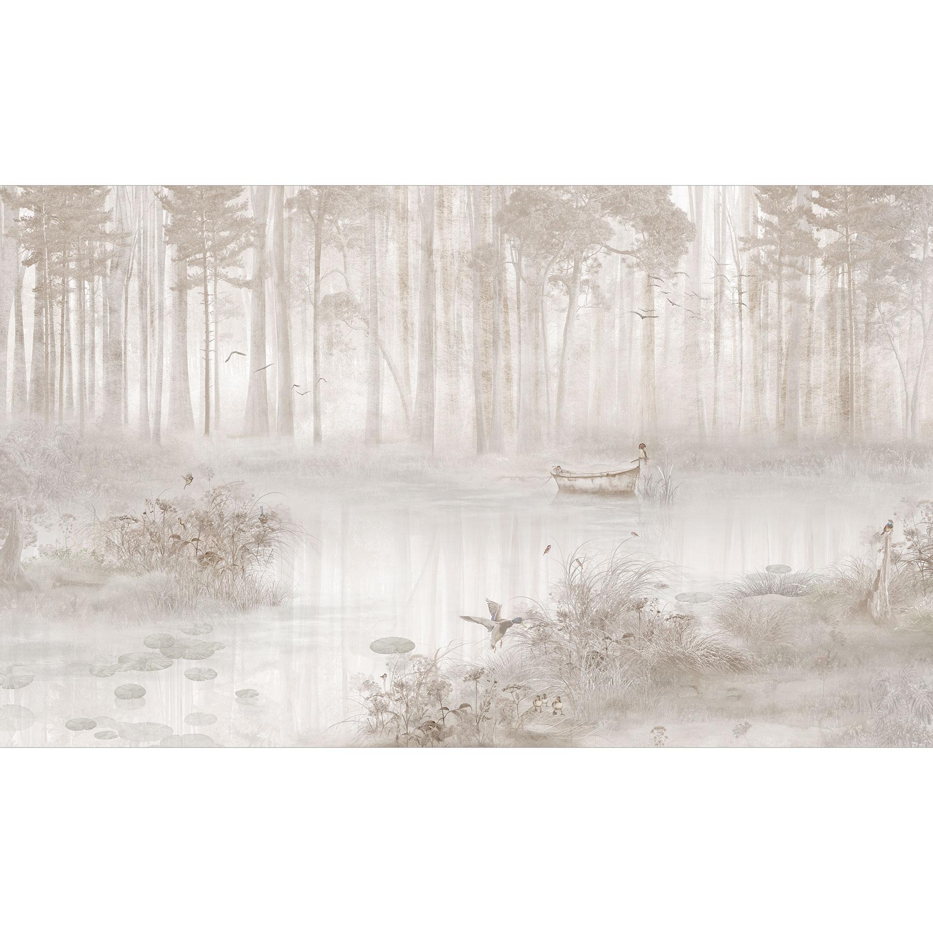Fototapete Waldtapete - Wald am See im Nebel in Beige - Ms Tiff