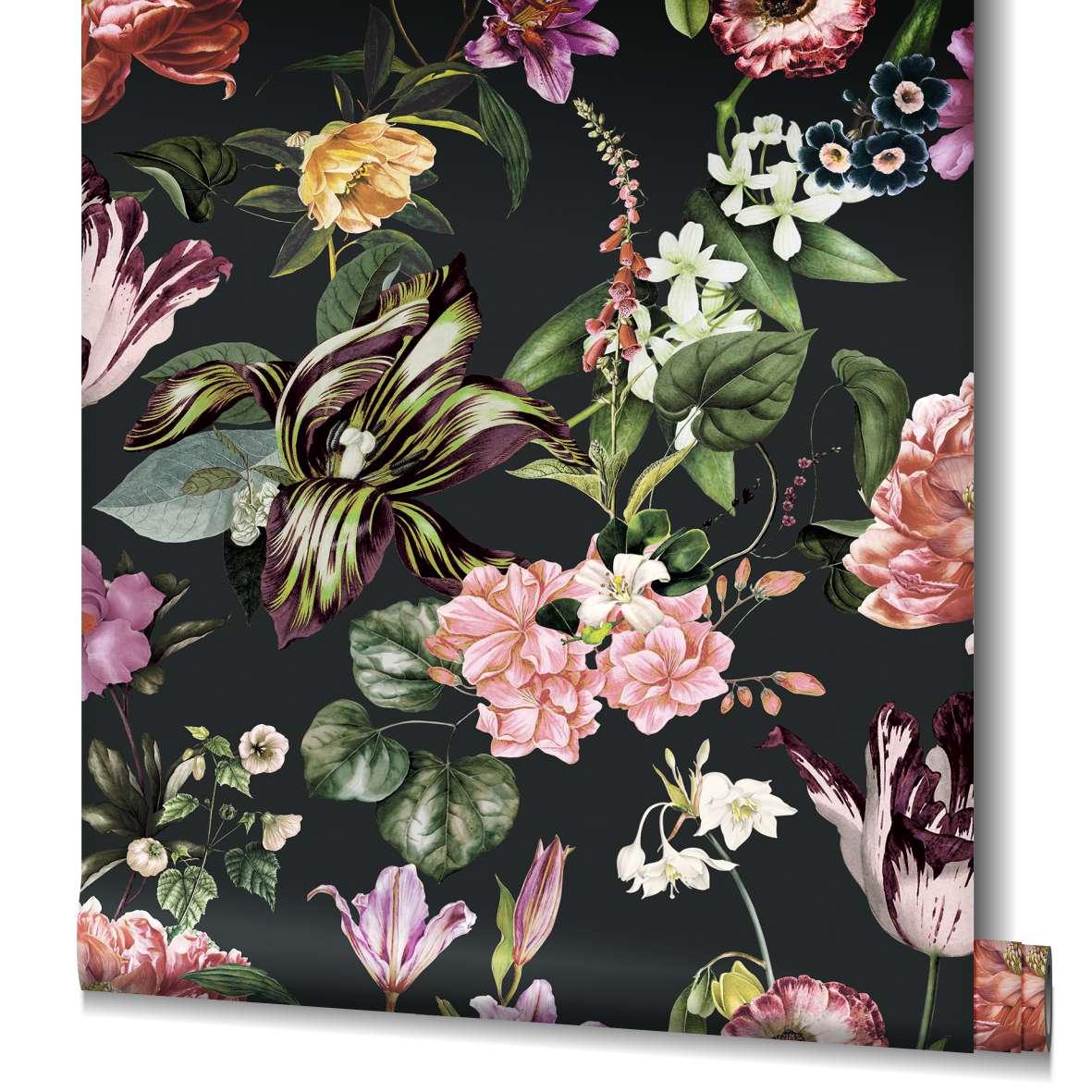 Behang, vlies bloemen behang Flora zwart, roze