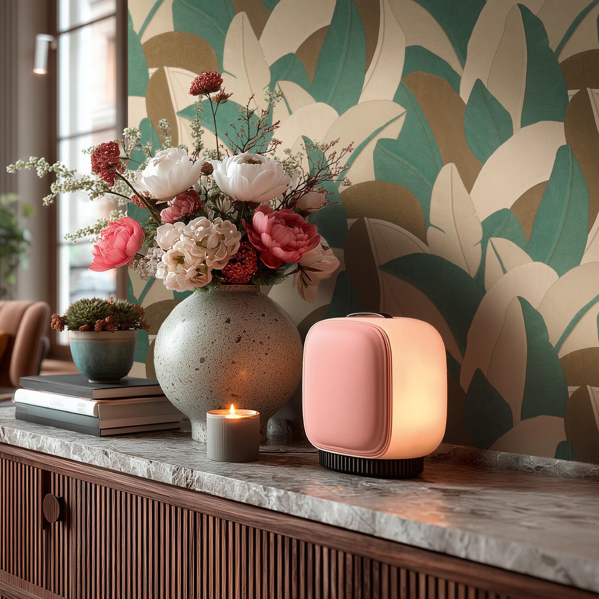 Ikke-vævet tapet Isabelle Golden Canopy palmer petrol beige - palmeblade jungle brun grøn