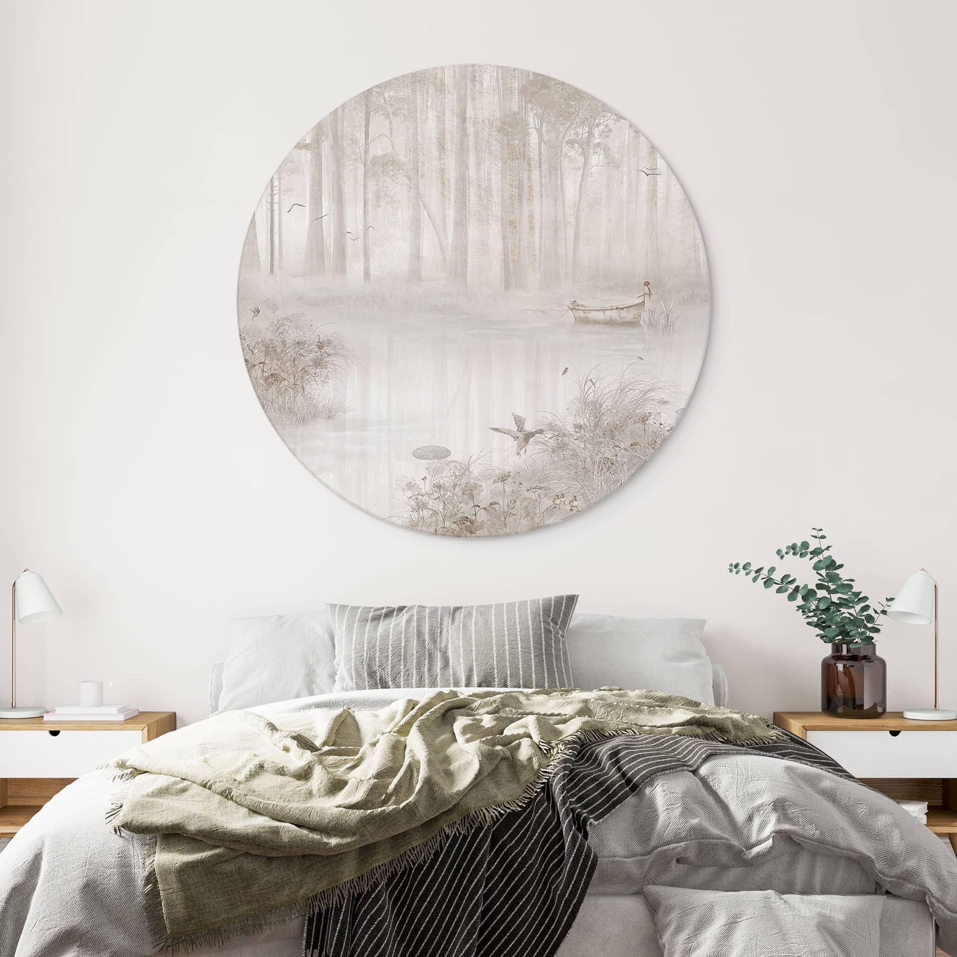 Wandbild Wald am See im Nebel in Beige - Ms Tiff - Alu-Dibond Rund