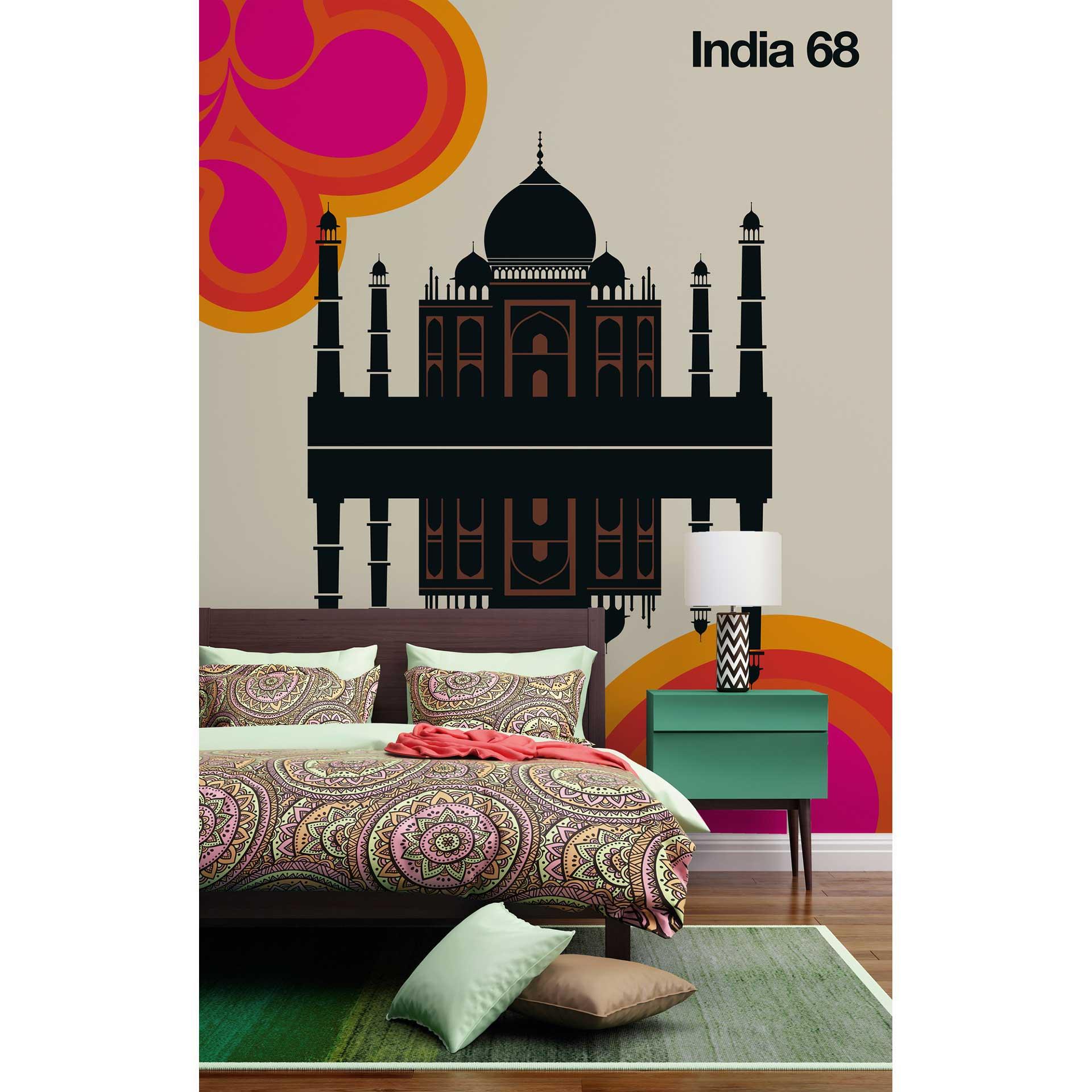 Livingwalls Fototapete ARTist India 68 Taj Mahal beige, braun, orange, rosa, rot, schwarz