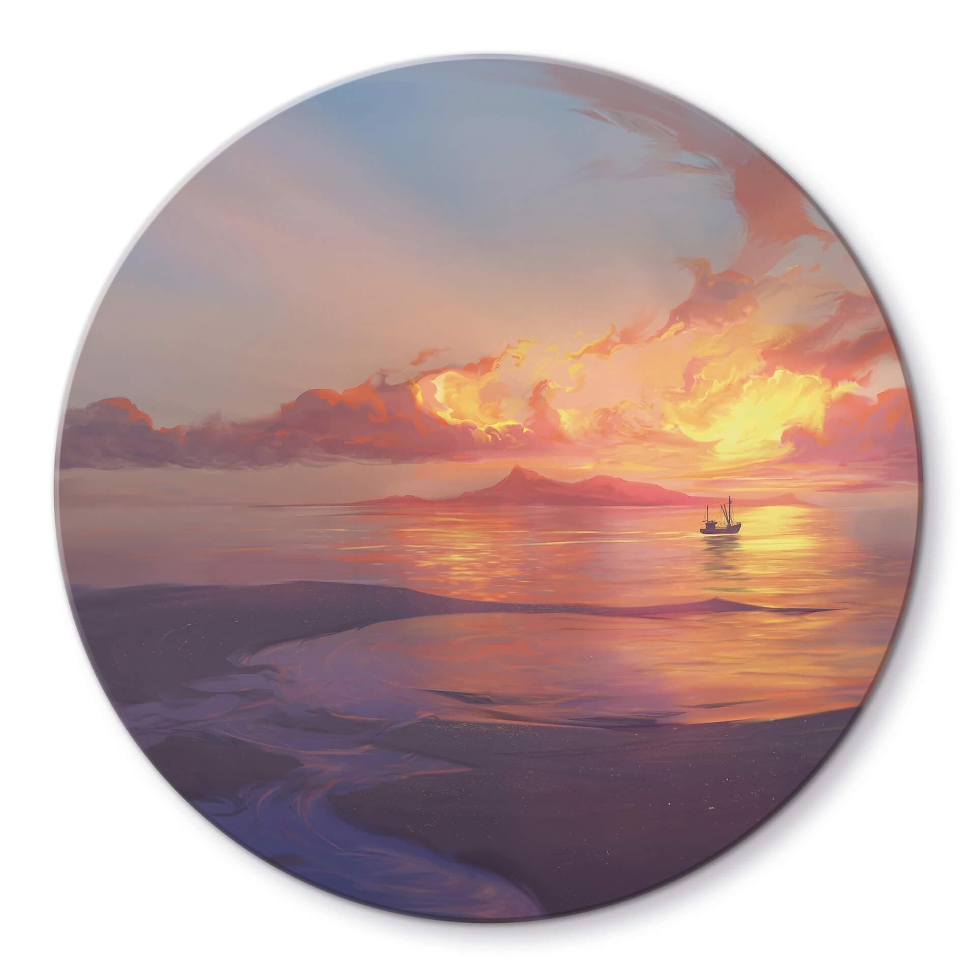 Tableau sur verre rond aerroscape - Coucher de soleil sur la mer
