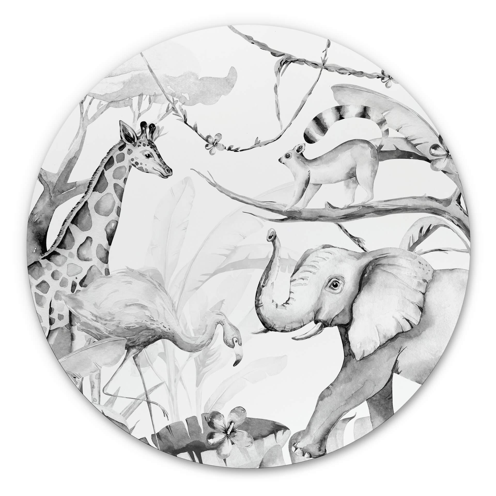 Tableau en alu-Dibond Kvilis - Amis des animaux dans la jungle en noir & blanc - Rond