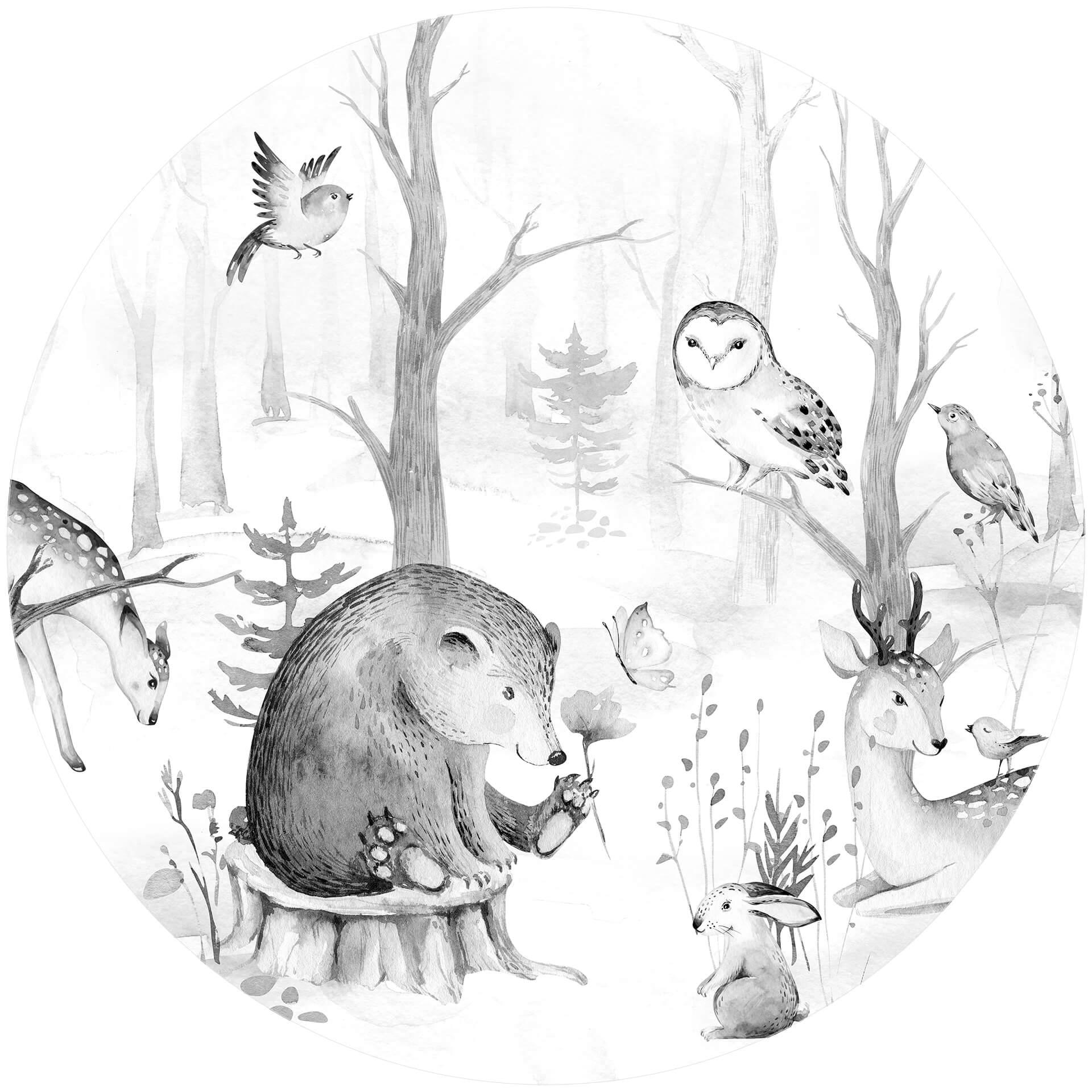 Behangcirkel Kvilis - Dierenvrienden in het Bos zwart-wit - vliesbehang/zelfklevend vliesbehang