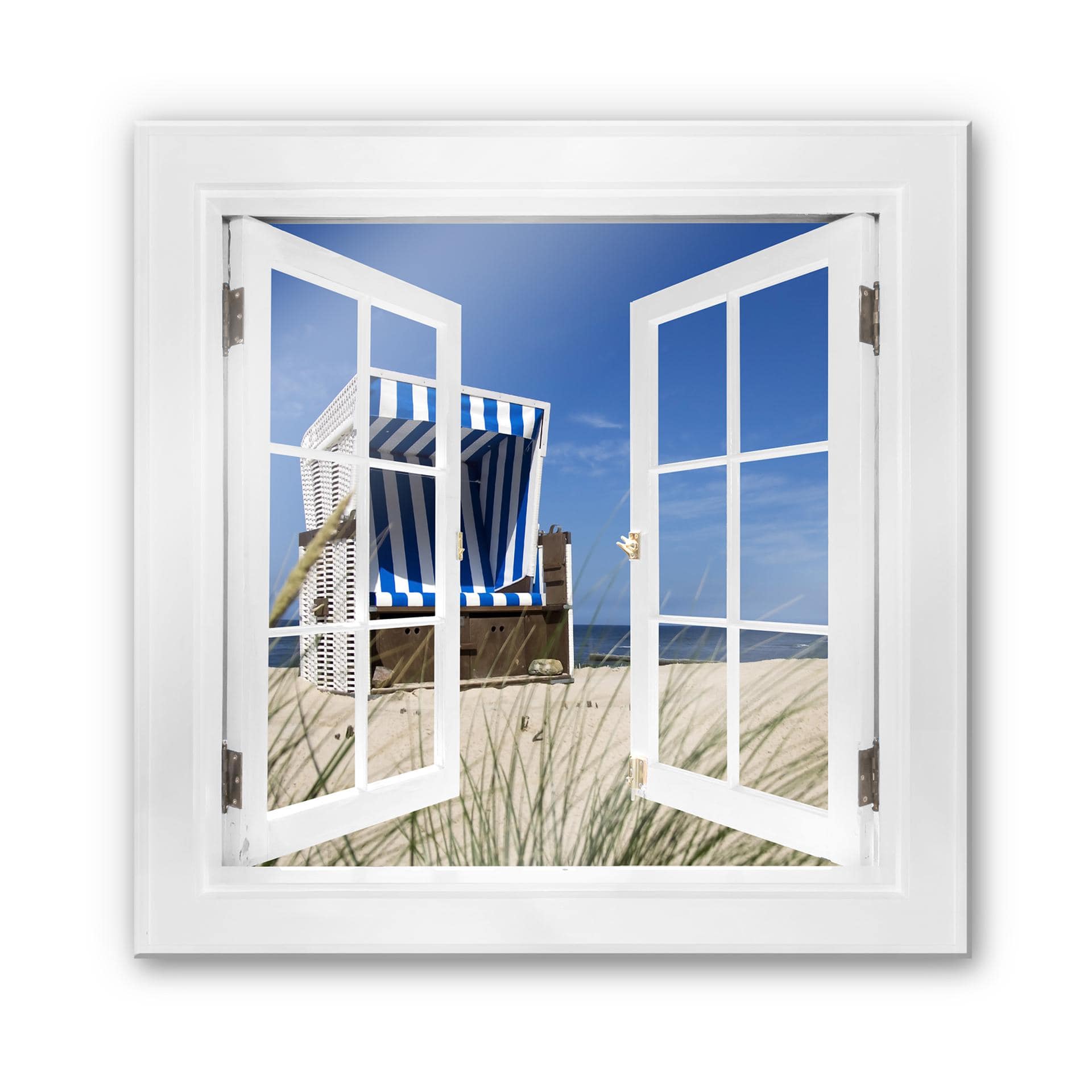 Glasbild 3D Fenster quadratisch - Strandkorb - 50x50 cm