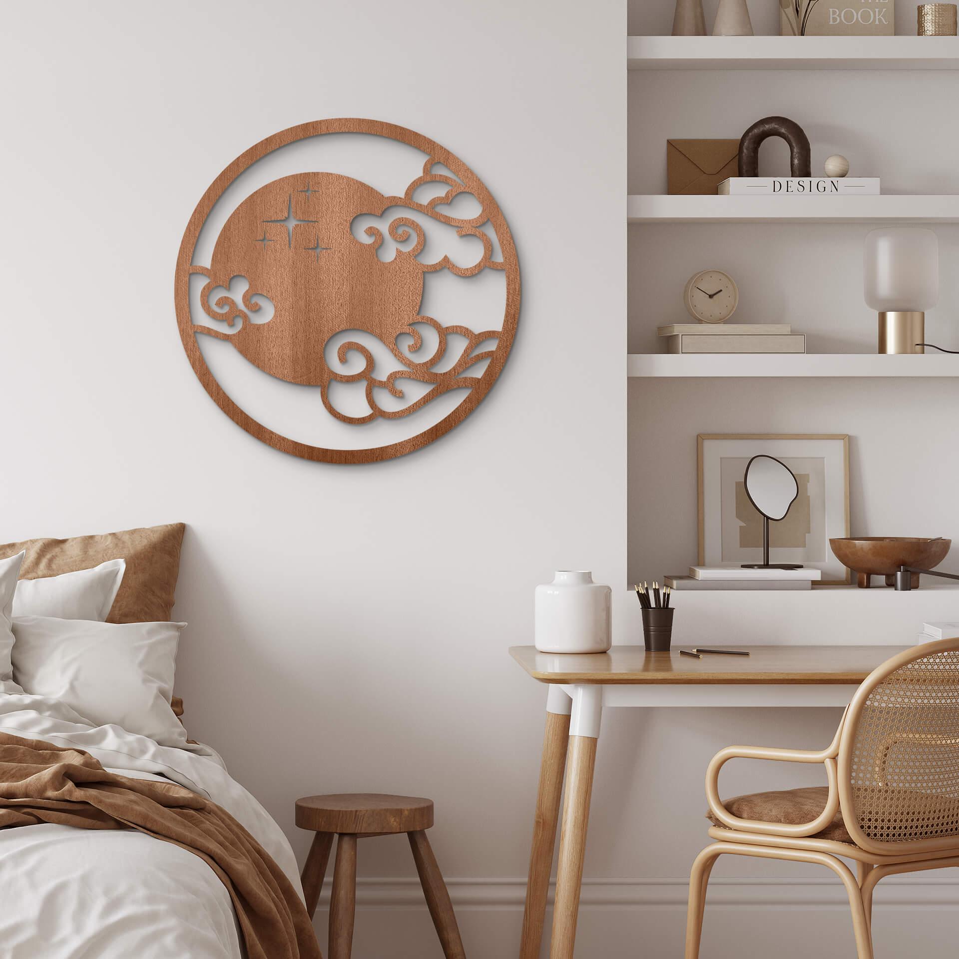 Décoration en bois placage acajou ronde - Lune et nuages