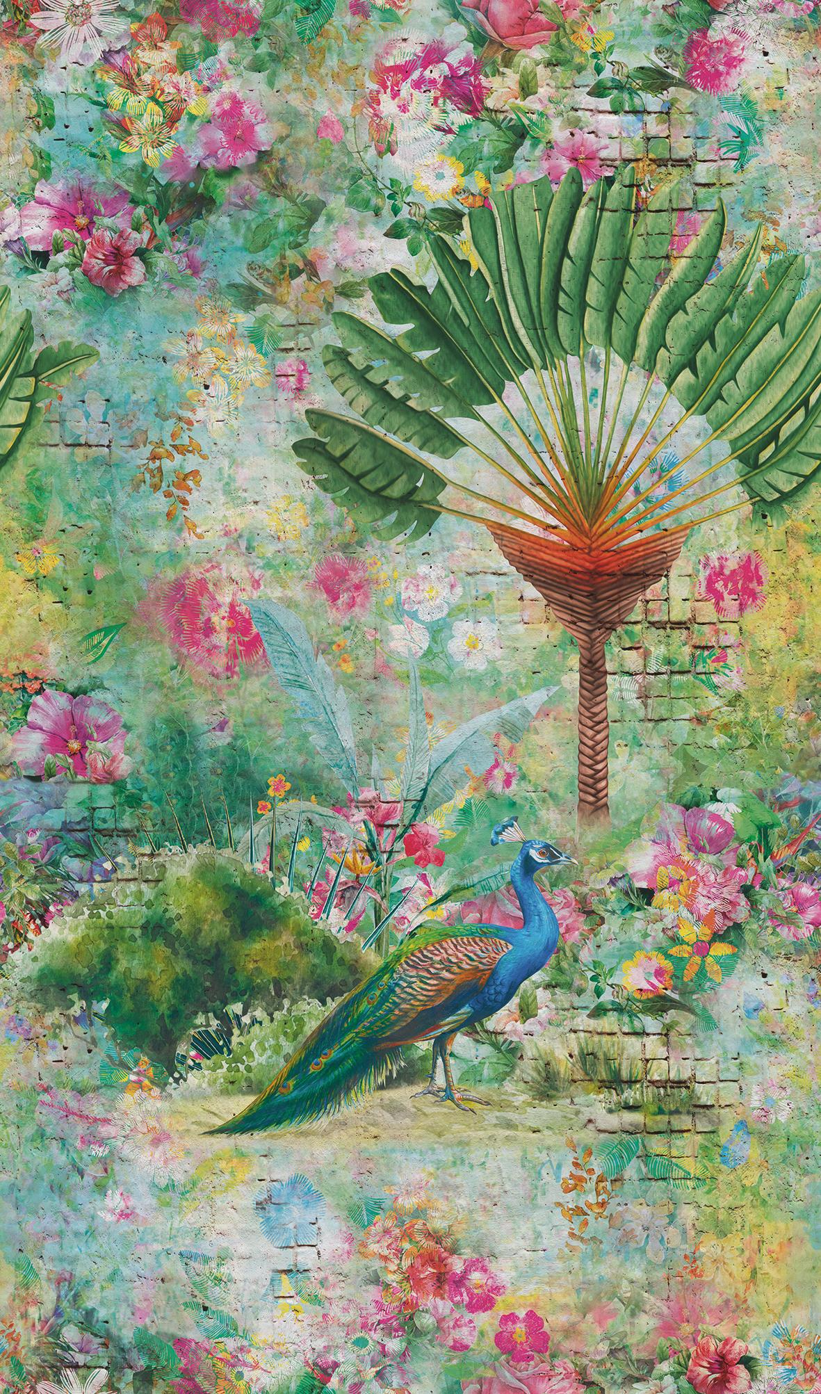 Bloemen en pauwen behang Fotobehang groen, roze, steen effect 2,70 x 1,59 m