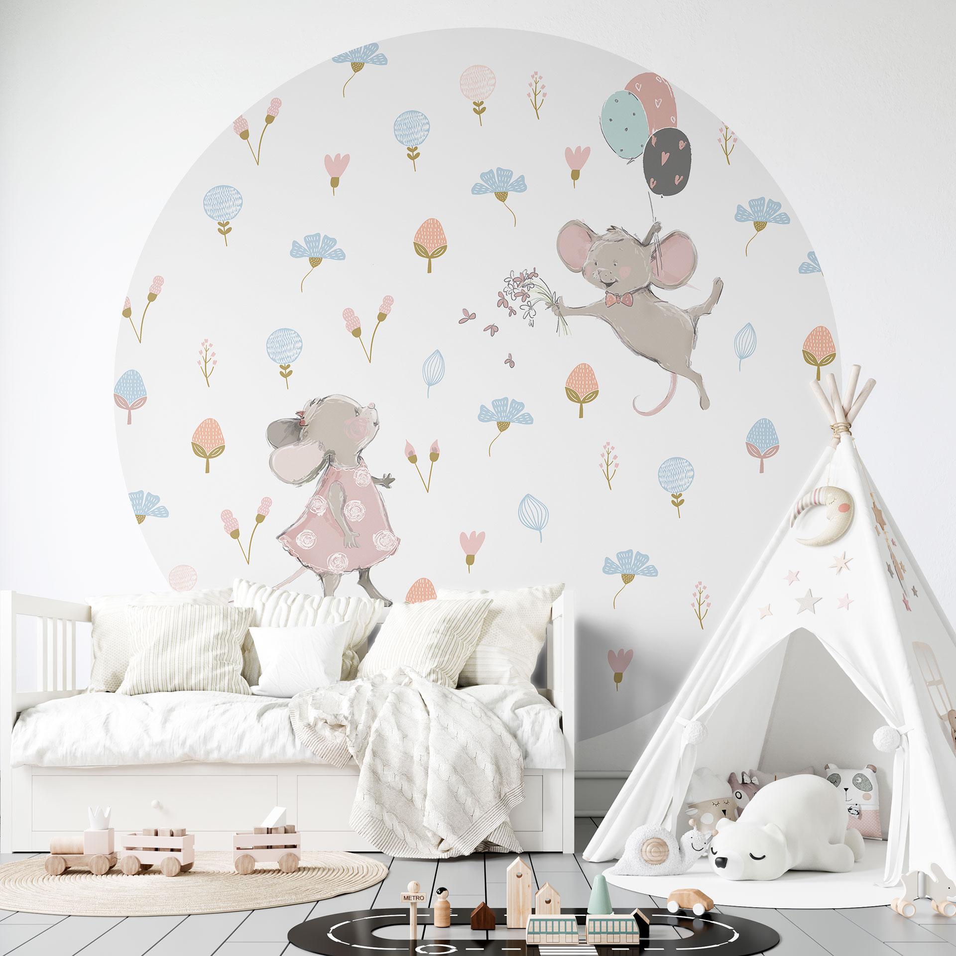Fototapet til børneværelset - Små mus med balloner - UN Designs - Round - vliesetapet/selvklæbende n