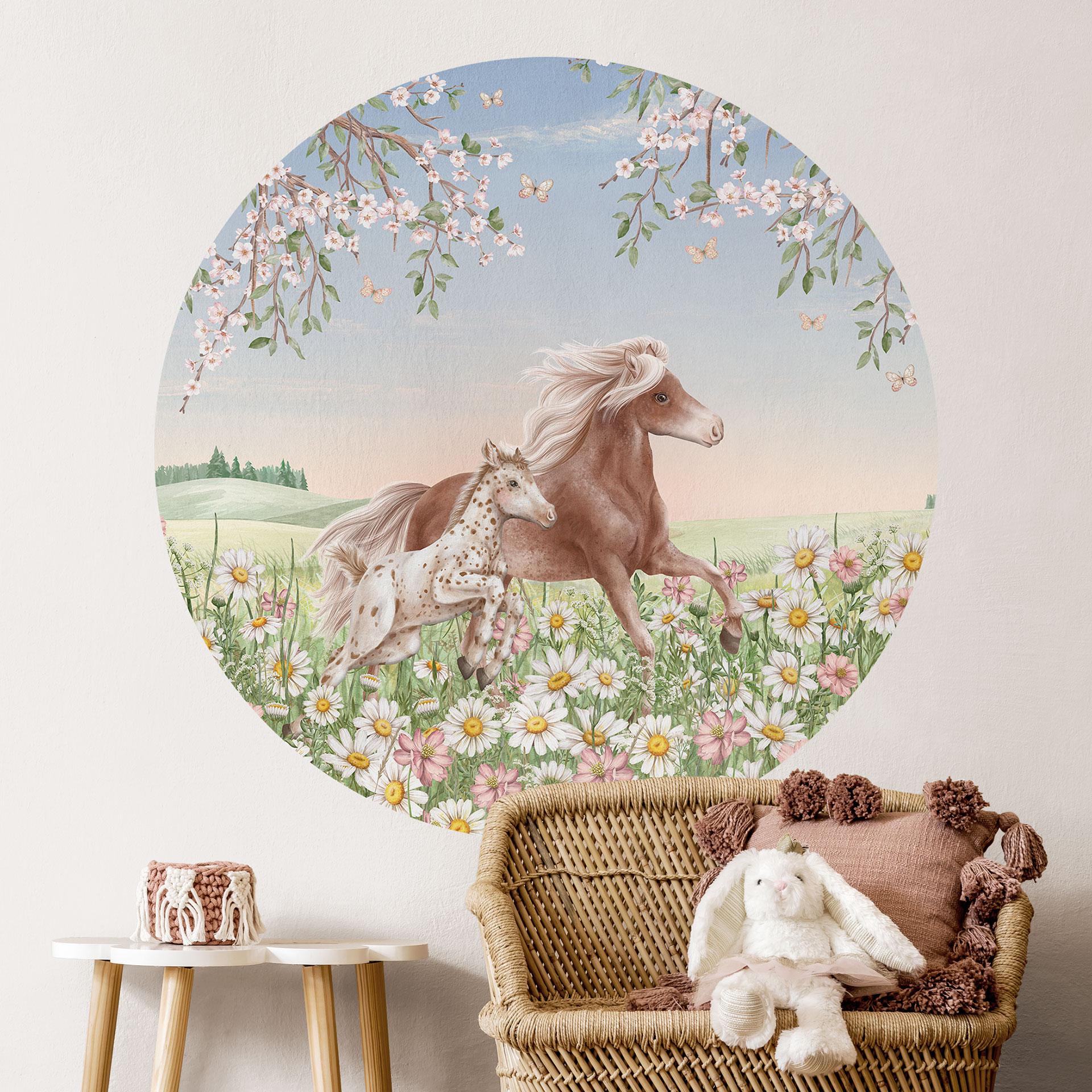 Wallsticker til børneværelset Heste i blomsterengen - Kikki Belle - Rund