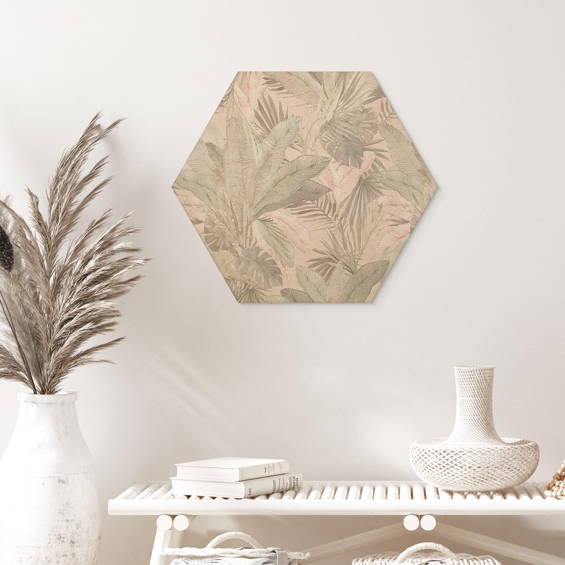 Sekskantet billede af træ tropiske blade i junglen pastel - Bloomery Decor