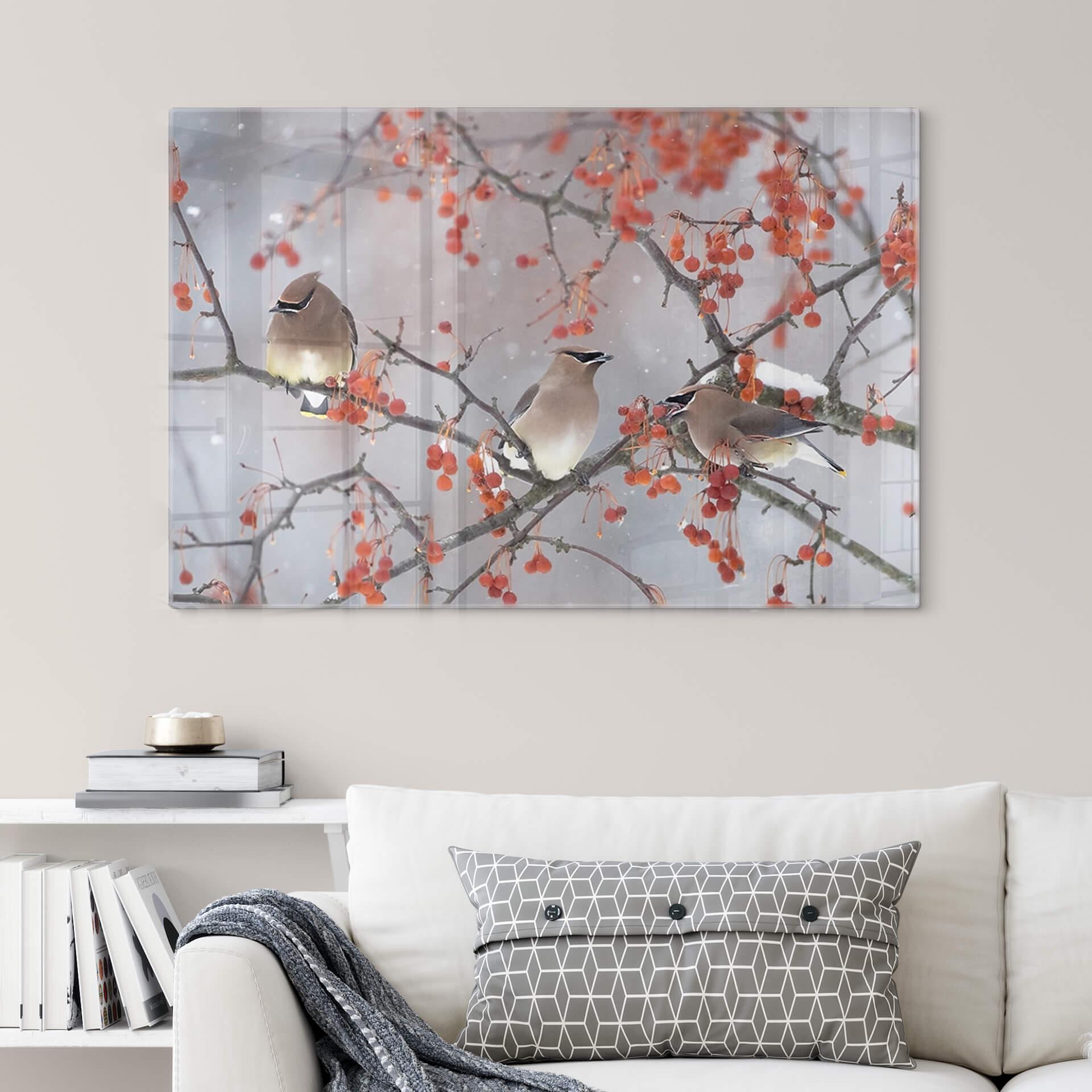 Glasschilderij Li - Drie Vogels in Winterlandschap - Japandi Stijl