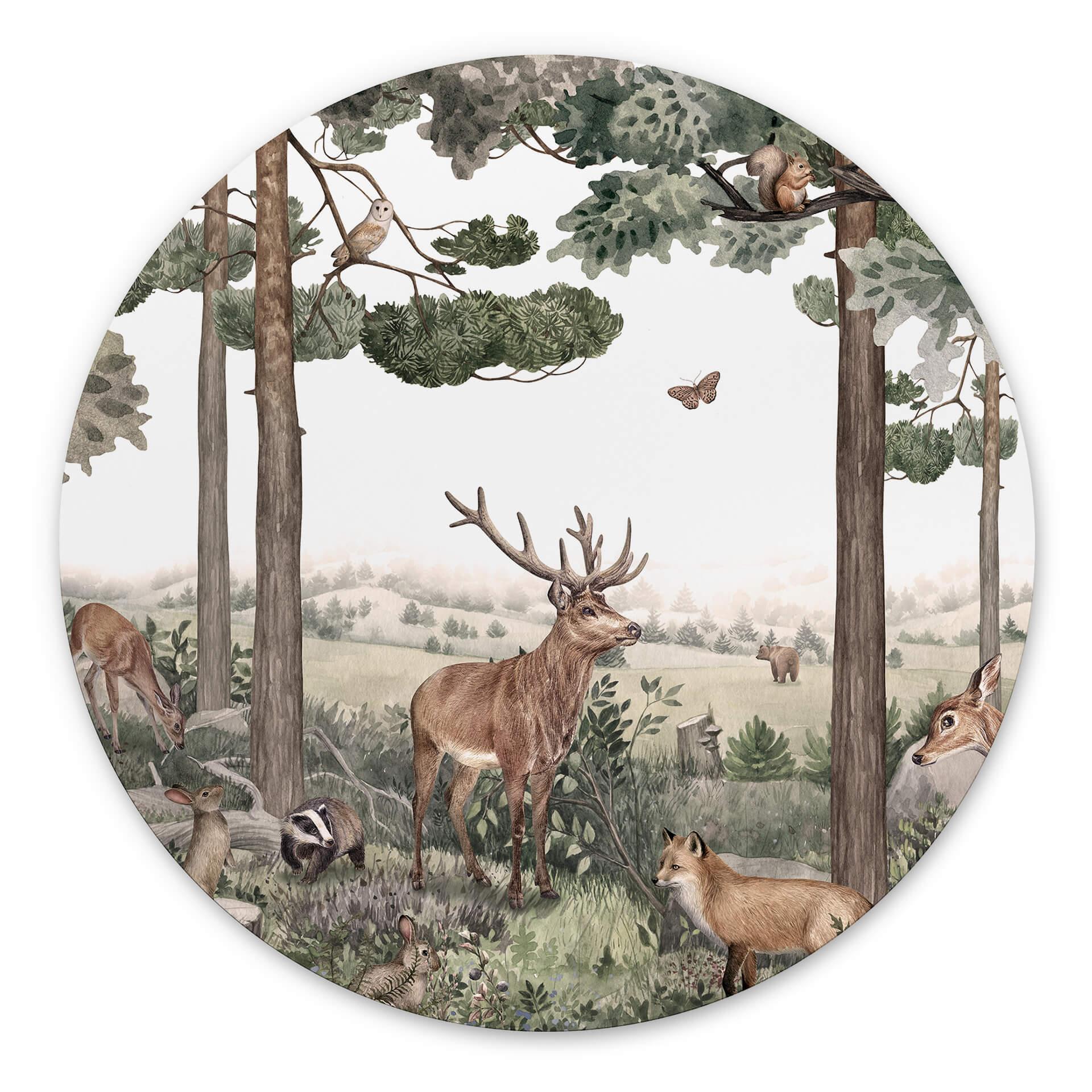 Tableau sur alu-Dibond rond Kikki Belle - Animaux indigènes dans la forêt