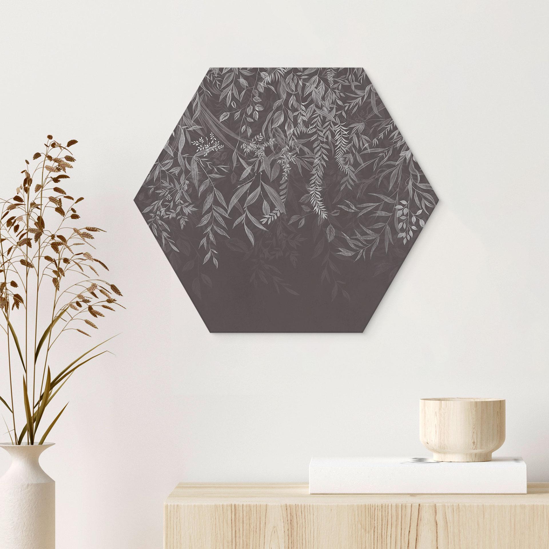 Hexagon Wandbild Elegante Weidenzweige in Dunkelgrau - Ms Tiff - Alu-Dibond