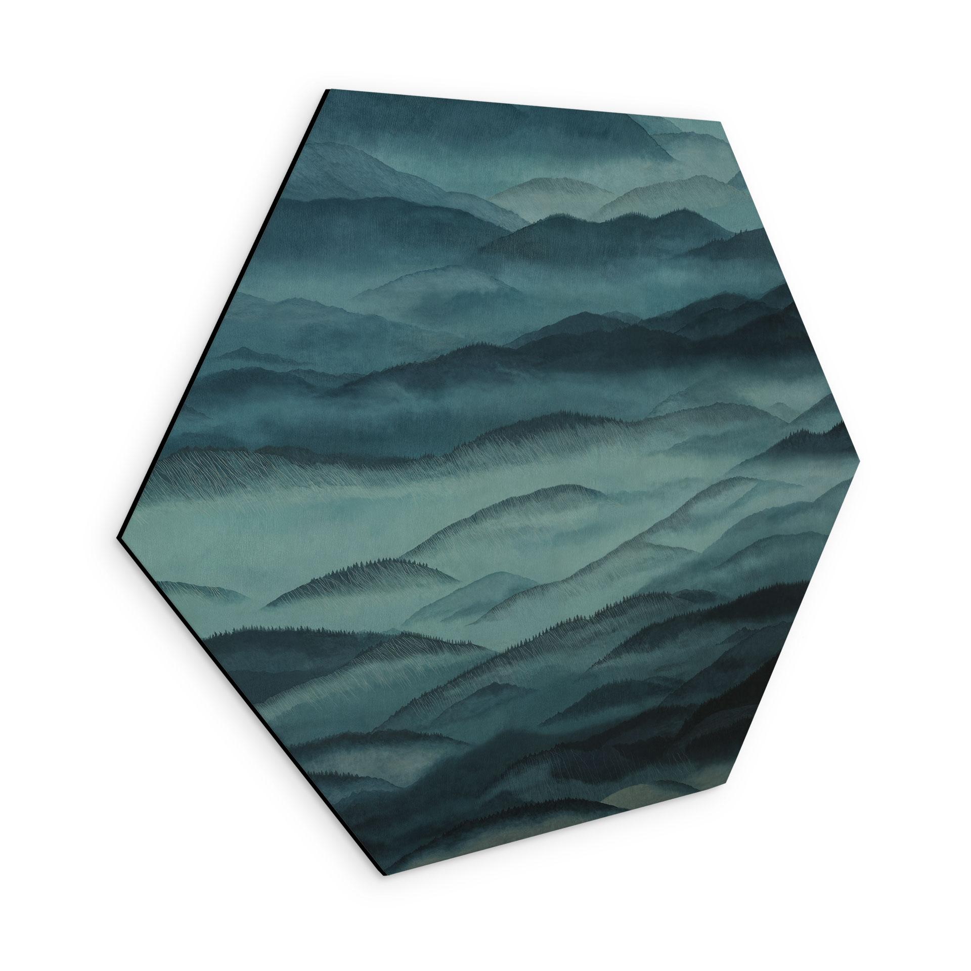 Esagono Stampa per Pareti Roerich Hills - Paesaggio Montano Blu - Sir Edward x Grigory Gladarev - Alu-Dibond