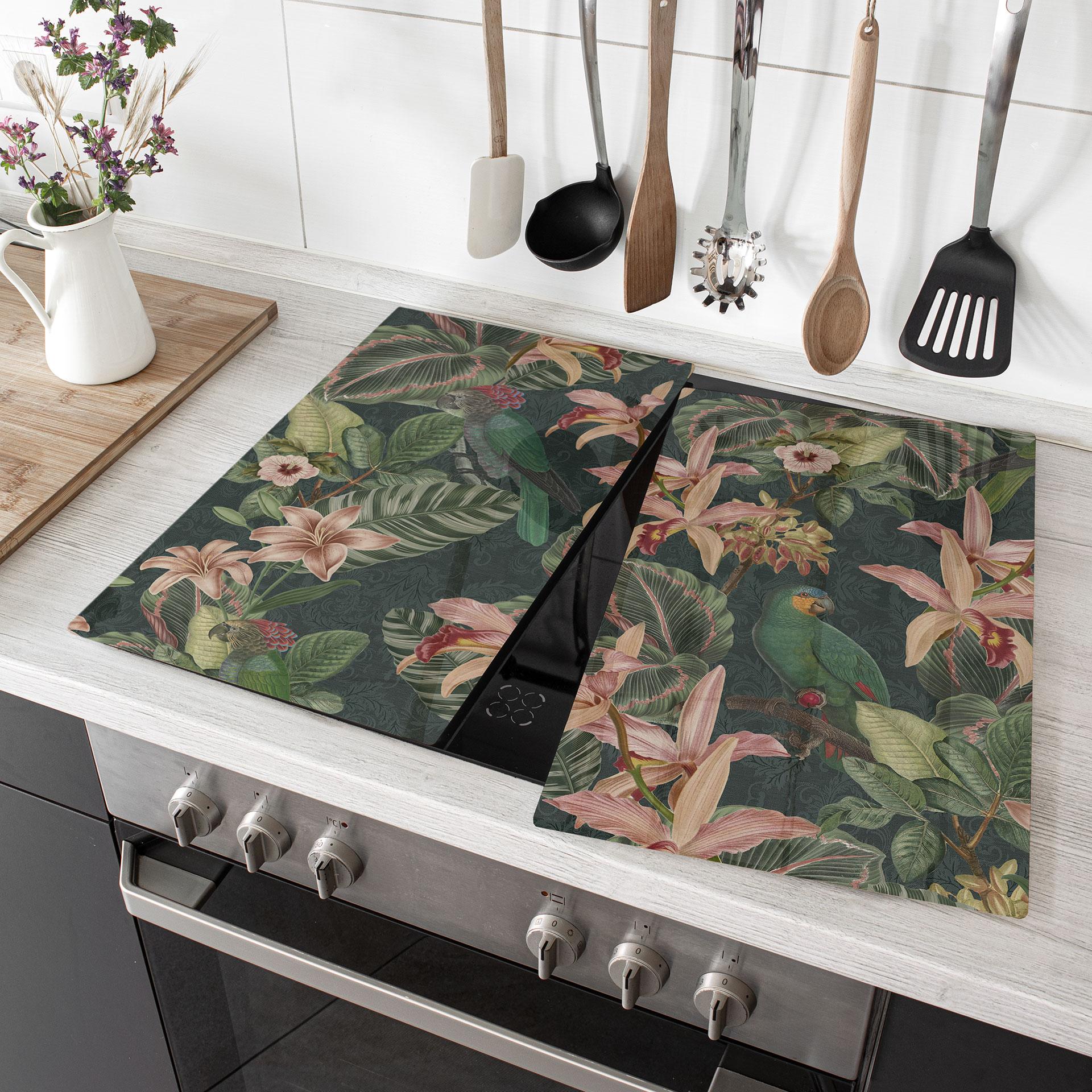 Kogeplade jungle med papegøjer natgrøn - Bloomery Decor